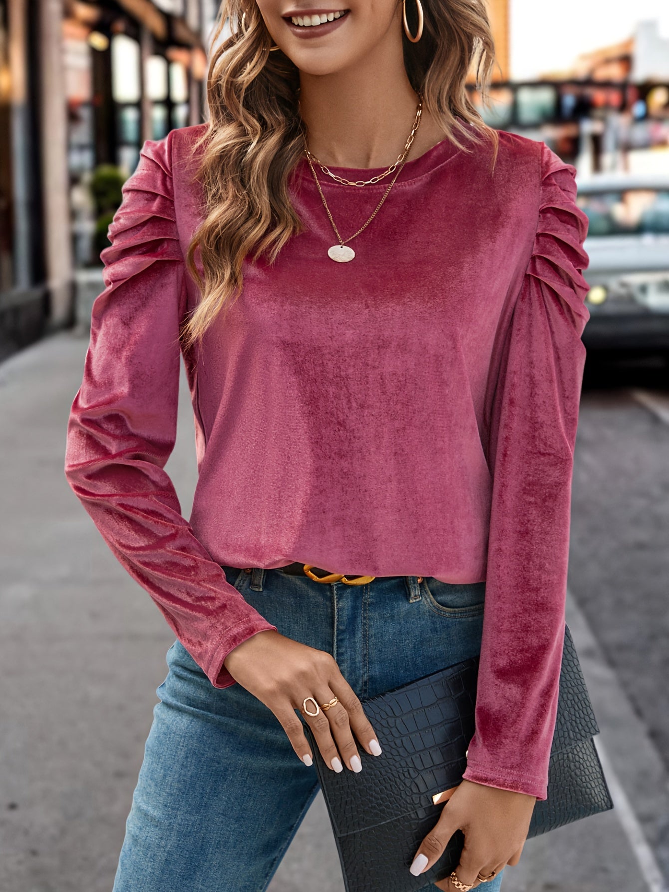 Solid Velvet Crew Neck Blouse, Casual Long Puff Sleeve Blouse For Spring & Fall, Women's Clothing