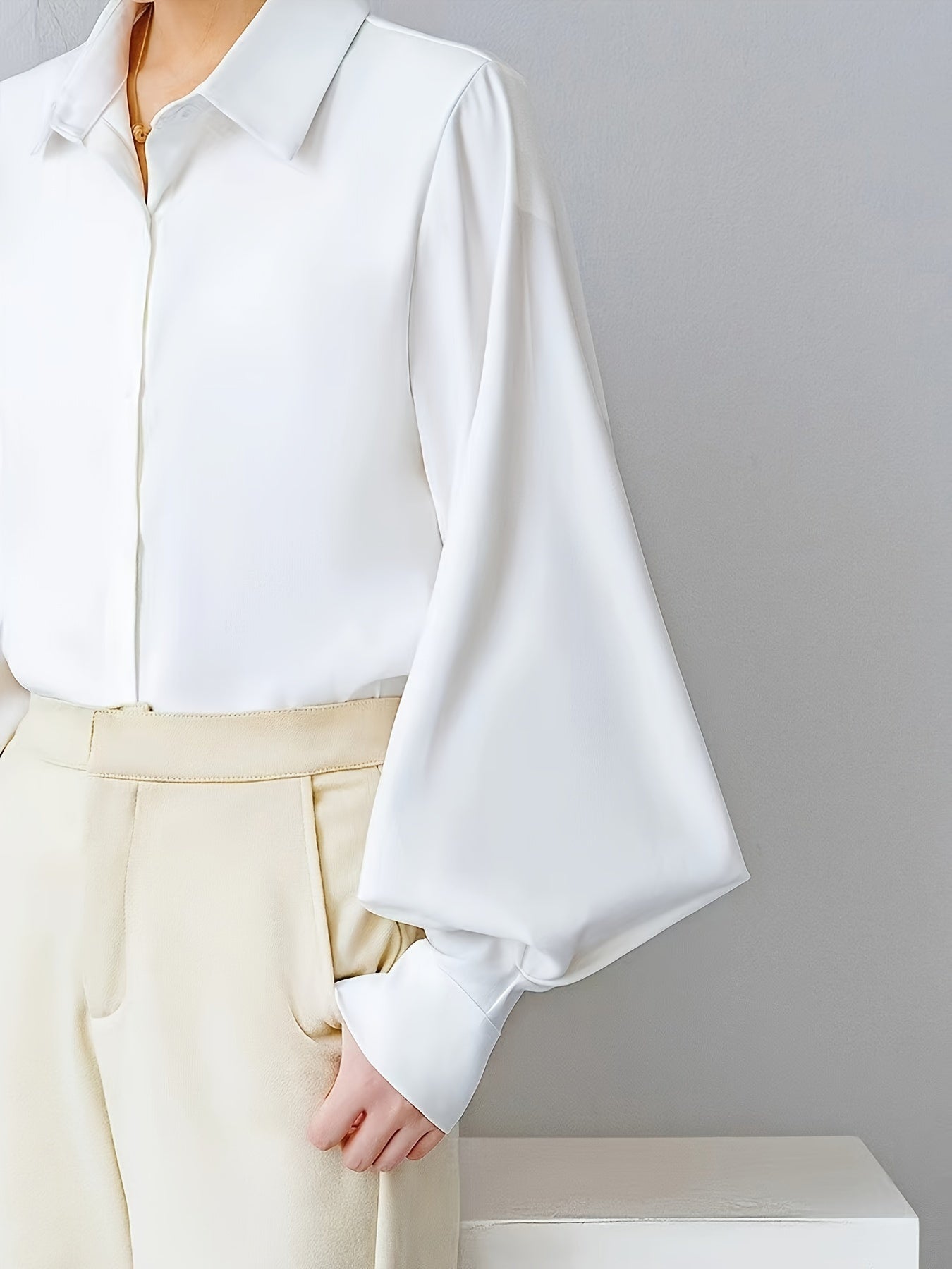 vlovelaw Solid Polo Collar Blouse, Casual Long Lantern Sleeve Blouse For Spring & Fall, Women's Clothing