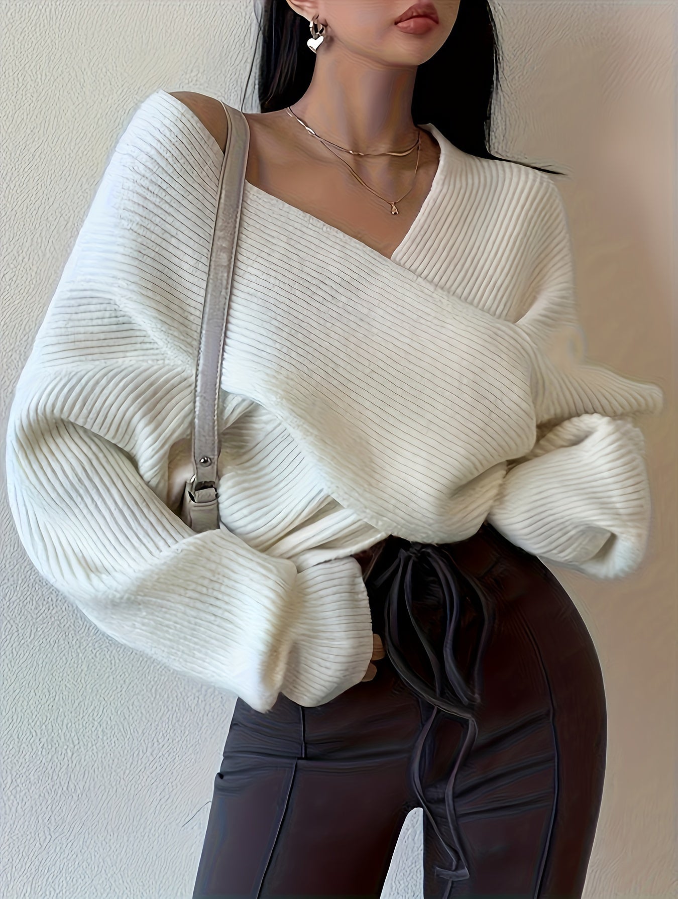 vlovelaw Solid Cross Front V Neck Sweater, Elegant Long Sleeve Pullover Sweater, Women's Clothing