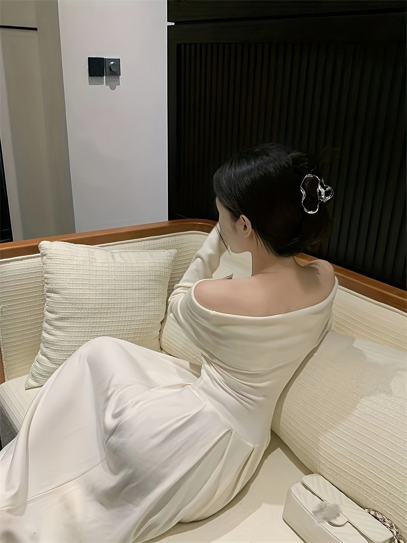 vlovelaw Solid Off Shoulder Aline Dress, Elegant Ruffle Hem Long Sleeve Slim Dress For Spring & Fall, Women's Clothing