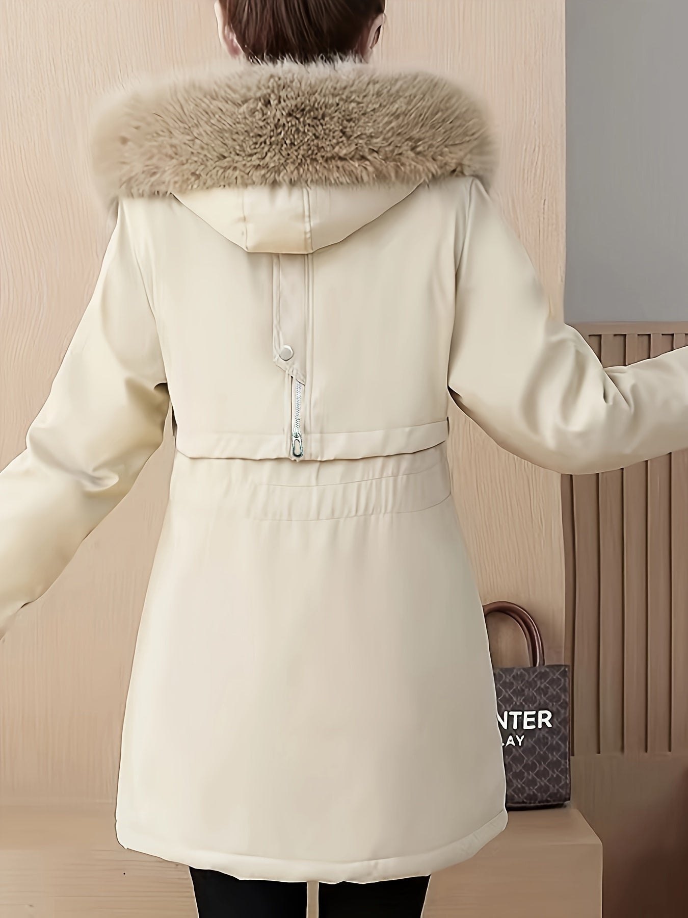 vlovelaw Fluffy Trim Zip Up Coat, Casual Solid Long Sleeve Winter Outerwear, Women's Clothing