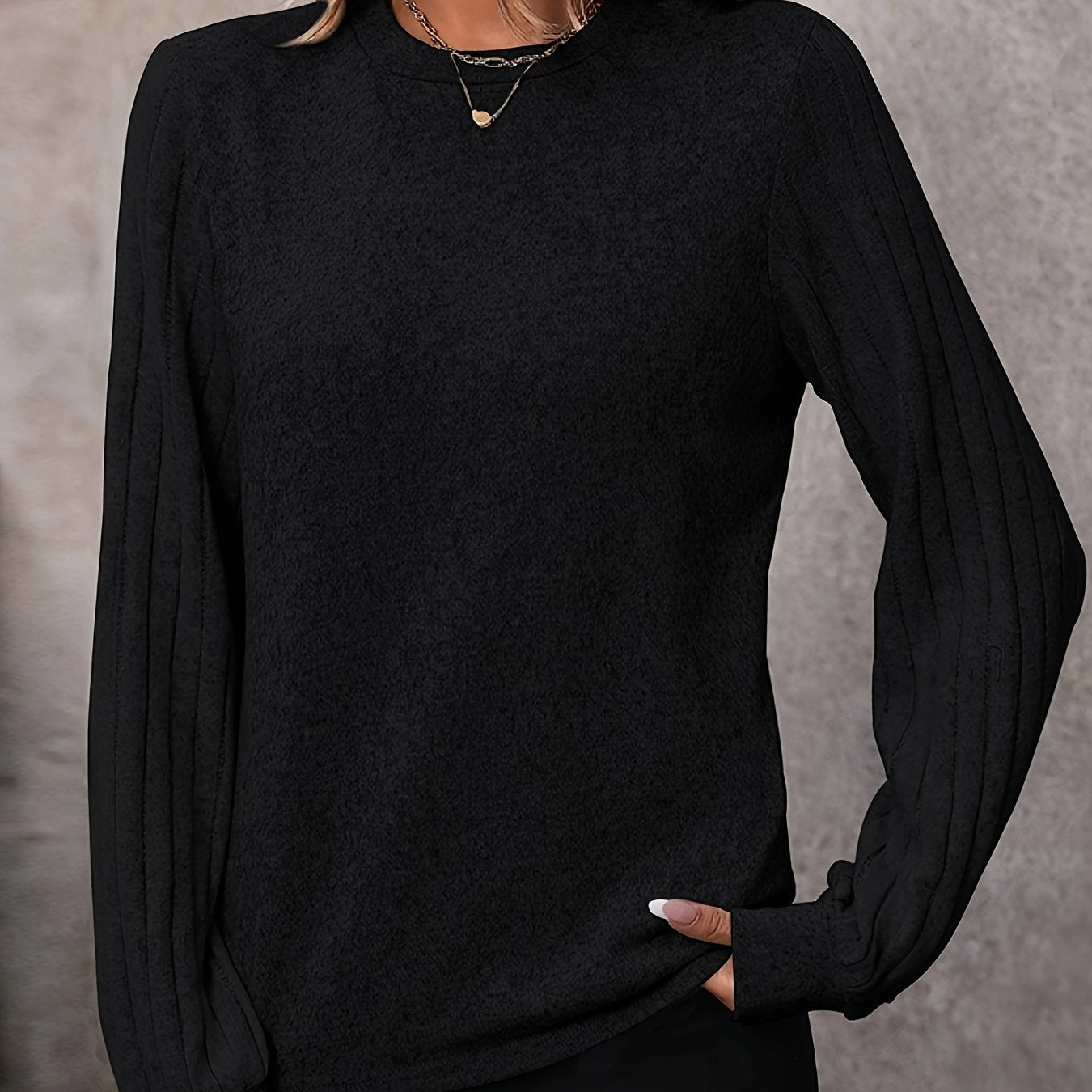 vlovelaw Solid Ribbed Crew Neck T-Shirt, Casual Long Sleeve Top For Spring & Fall, Women's Clothing