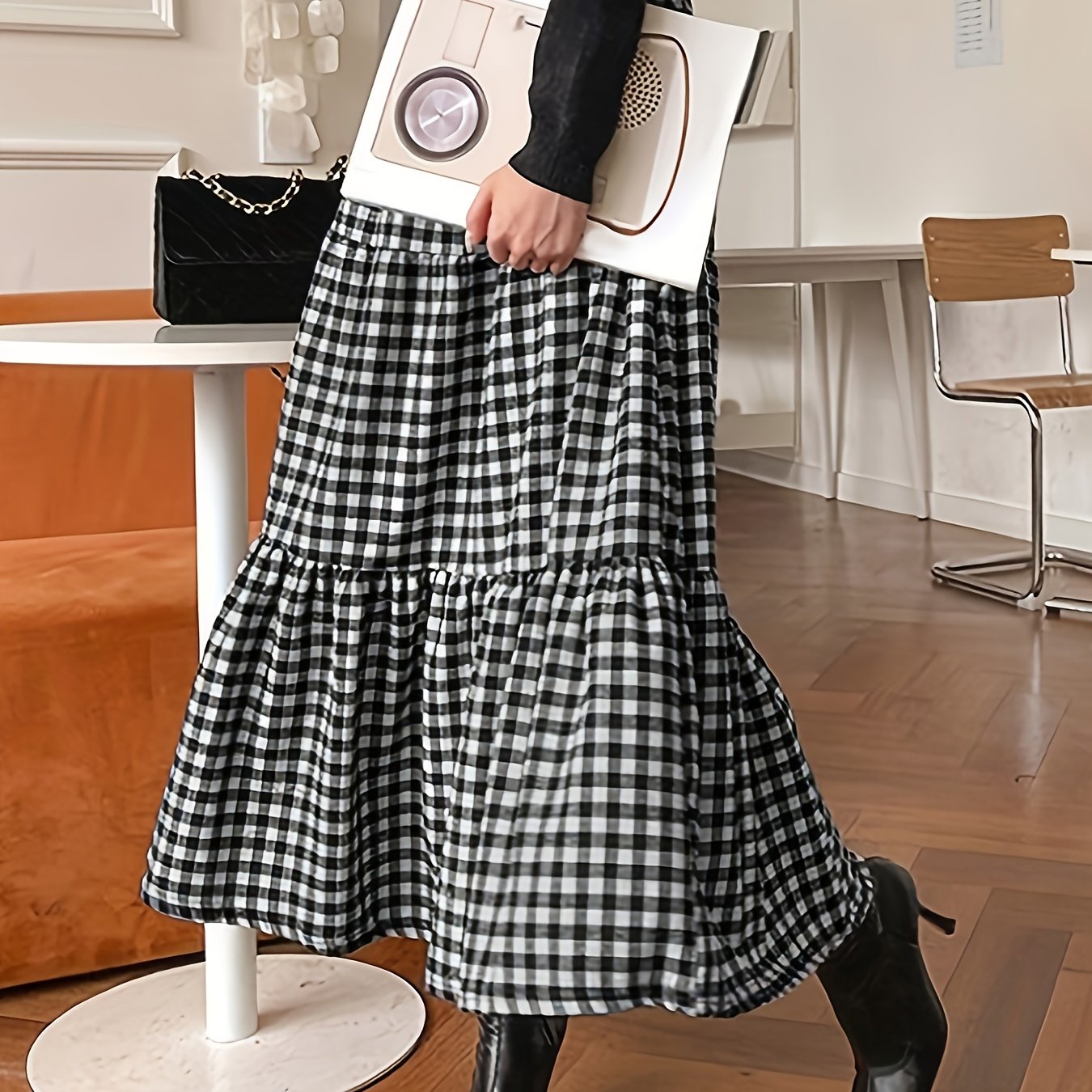 Plaid Print Tiered Skirts, Elegant High Waist Midi Skirts, Women's Clothing