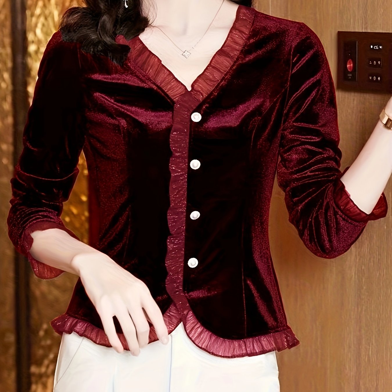 Velvet Lace Contrast Trim Top, Button Front V Neck Long Sleeve T-shirt, Women's Clothing