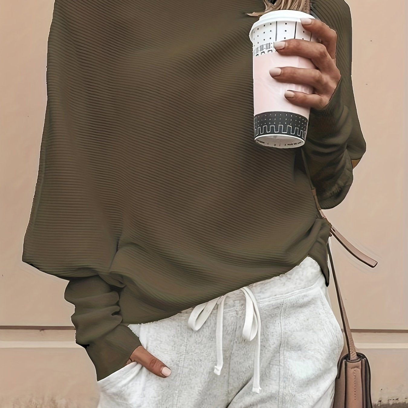 vlovelaw Solid Ribbed T-Shirt, Casual Batwing Sleeve Top For Spring & Fall, Women's Clothing