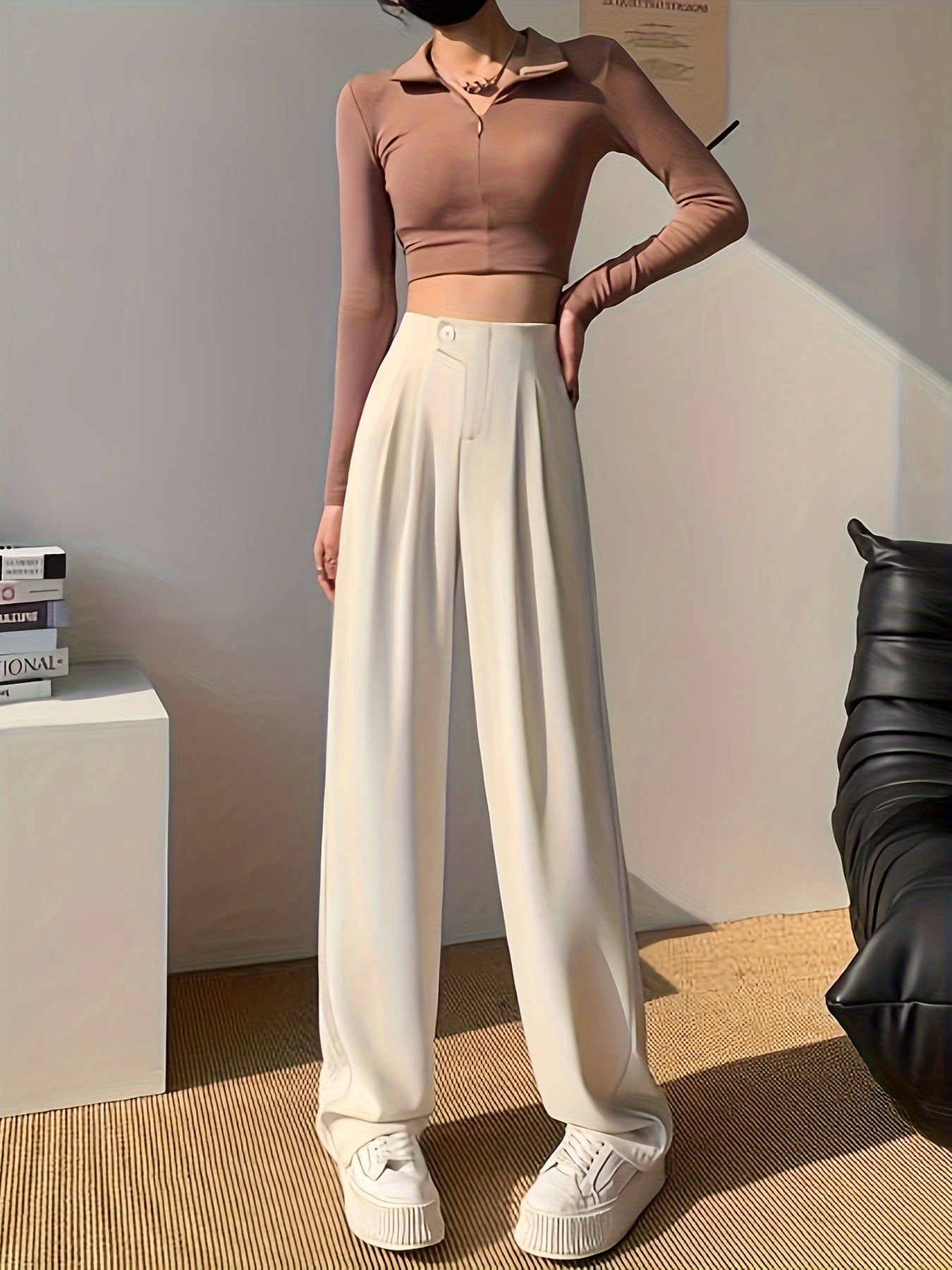 vlovelaw Solid High Waist Pants, Casual Wide Leg Button Pants, Women's Clothing