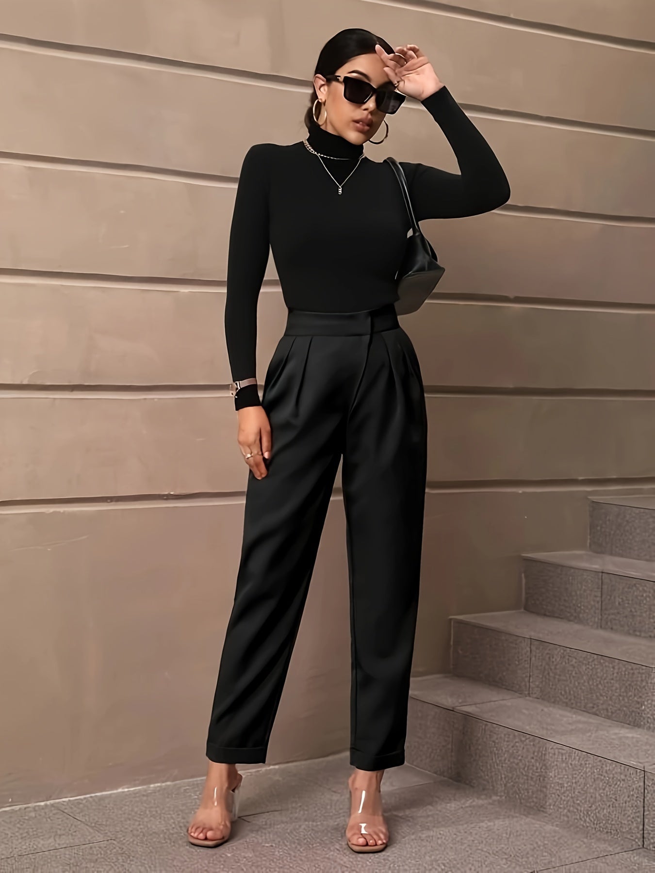 vlovelaw Solid Color Slant Pockets Pants, Elegant High Waist Pants For Spring & Fall, Women's Clothing