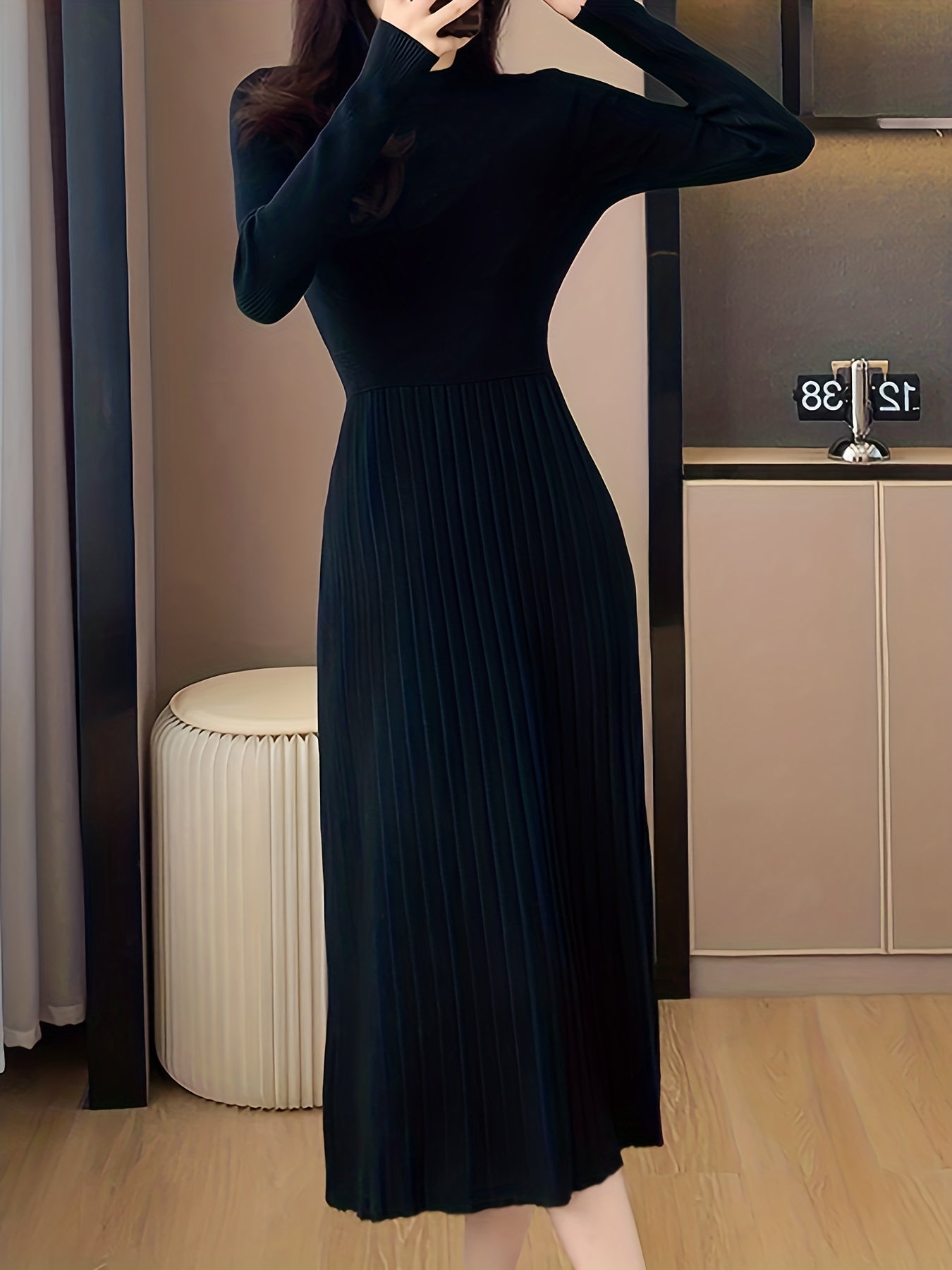 vlovelaw Ribbed Solid Midi Dress, Elegant Long Sleeve Party Dress, Women's Clothing