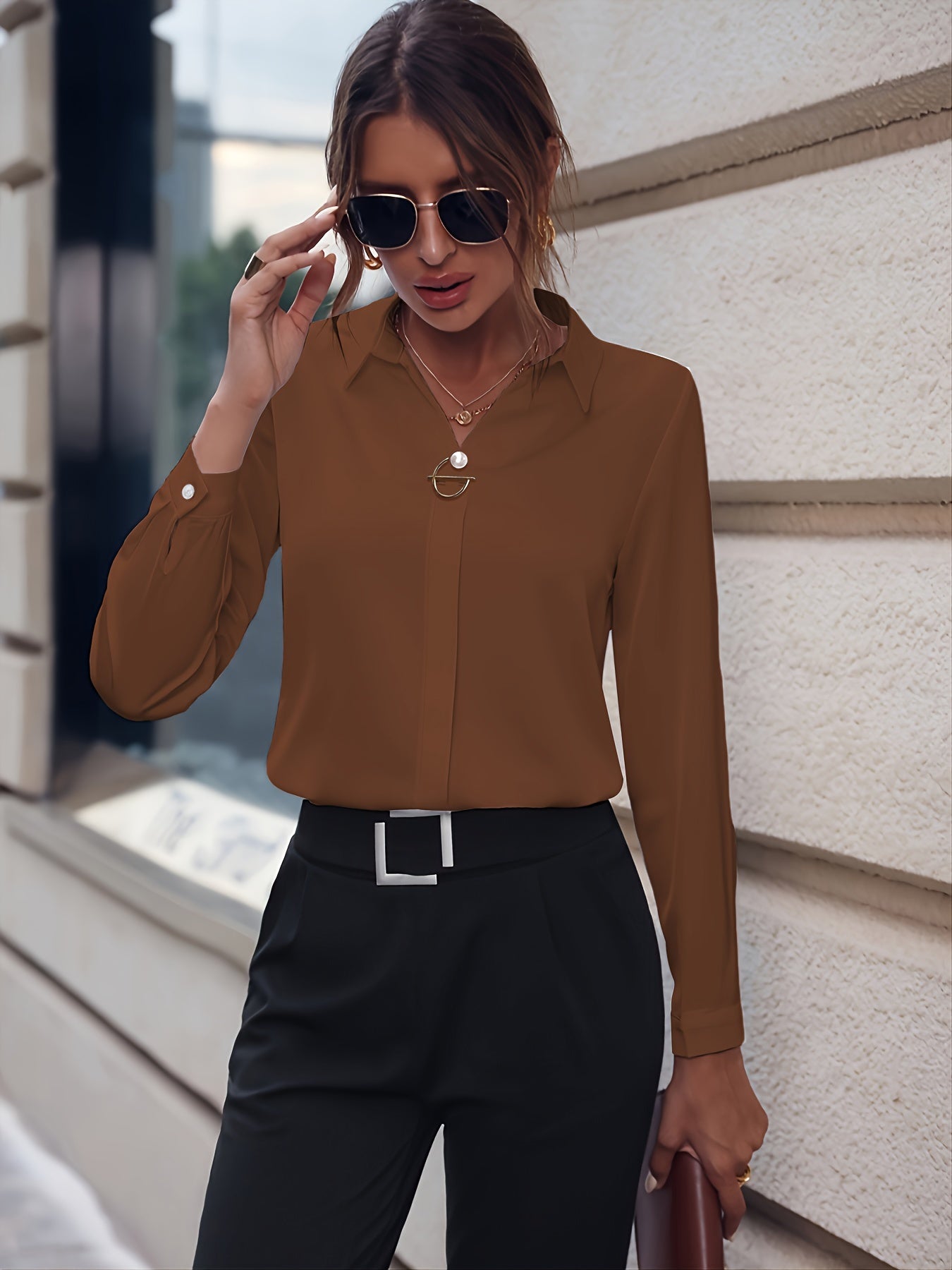vlovelaw Solid Lapel Slim Shirt, Elegant Long Sleeve Shirt For Spring & Fall, Women's Clothing