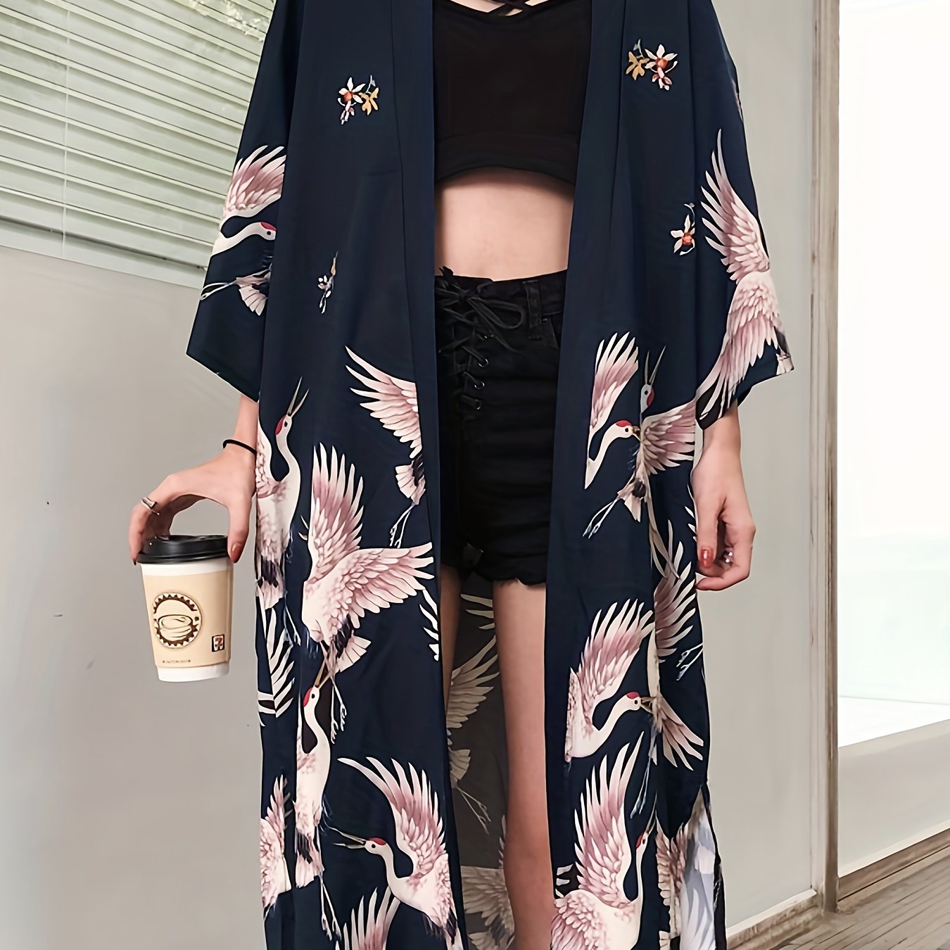 vlovelaw Crane Print Split Kimono, Elegant Open Front Long Sleeve Coat For Spring & Fall, Women's Clothing