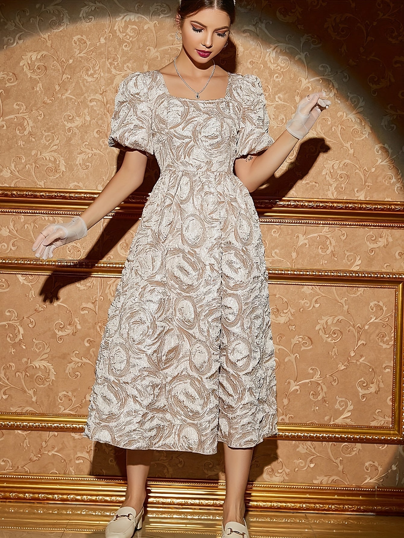 vlovelaw Floral Print Square Neck Dress, Elegant Short Sleeve Dress For Spring & Summer, Women's Clothing