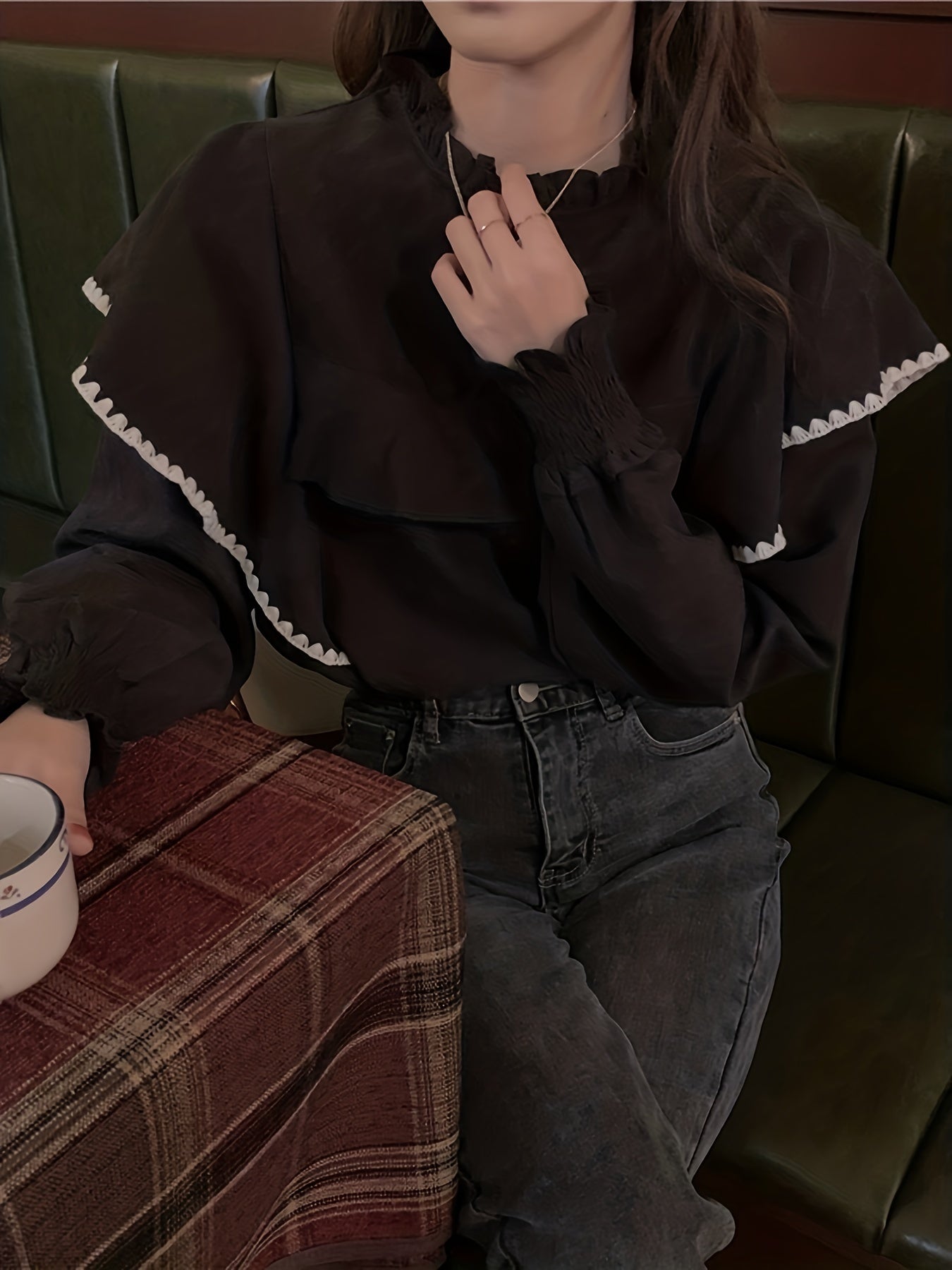 Ruffle Trim Crew Neck Blouse, Elegant Long Sleeve Versatile Blouse, Women's Clothing