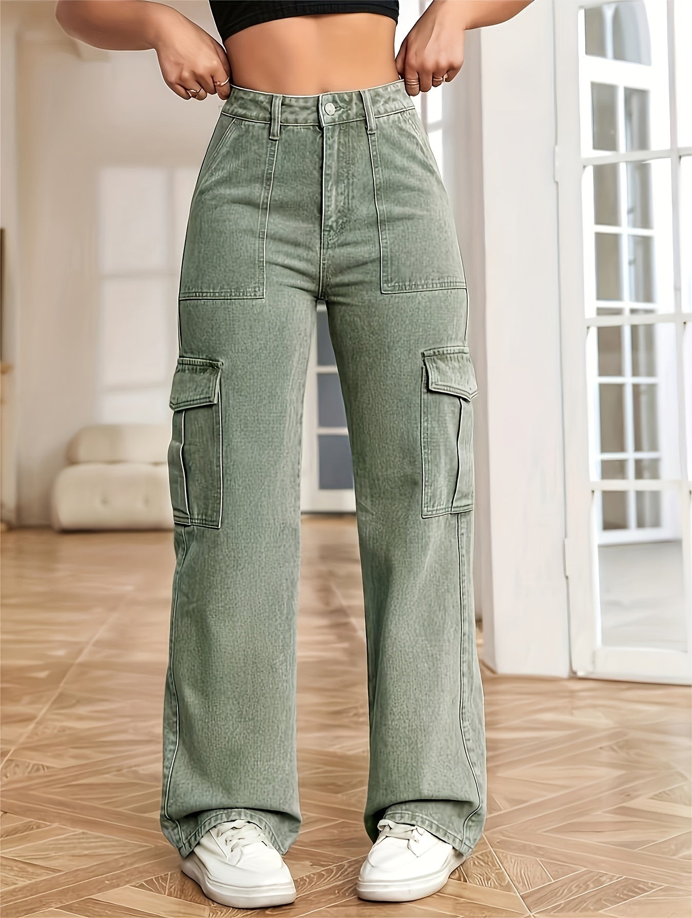 vlovelaw Washed Flap Pockets Cargo Pants, Loose Fit Y2K & Kpop Style Straight Jeans, Women's Denim Jeans & Clothing