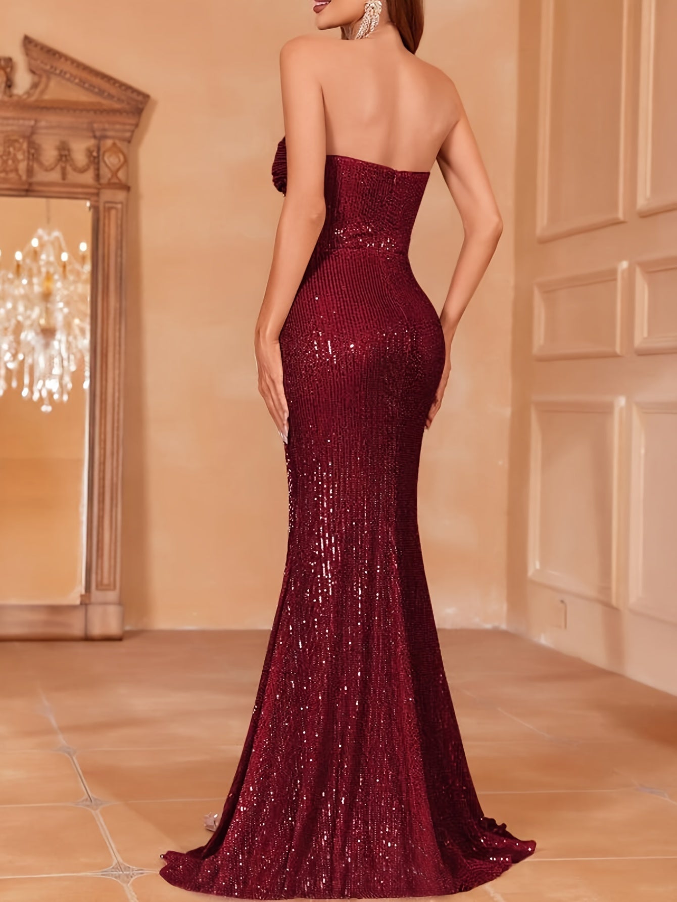 Off Shoulder Sequin Split Thigh Dress, Elegant Sleeveless Dress For Party & Banquet, Women's Clothing