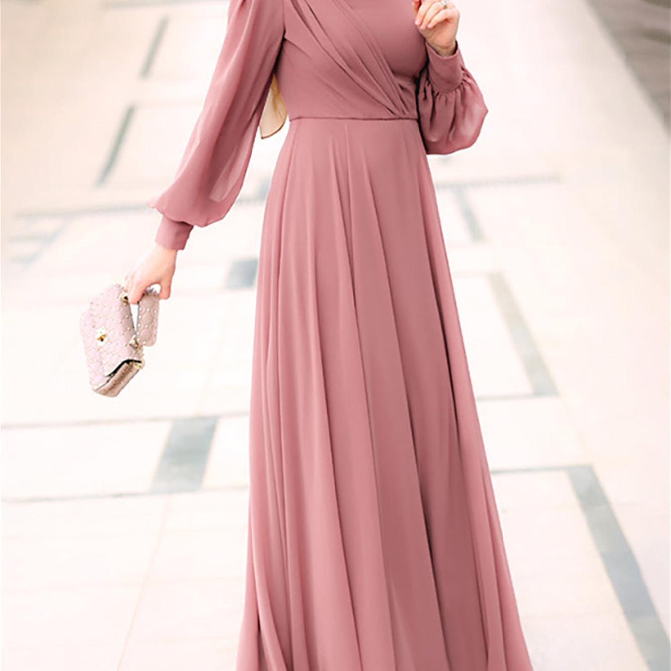 Plus Size Solid Pattern Maxi Kaftan Dress, Elegant Crew Neck Long Sleeve Dress, Women's Plus Size Clothing