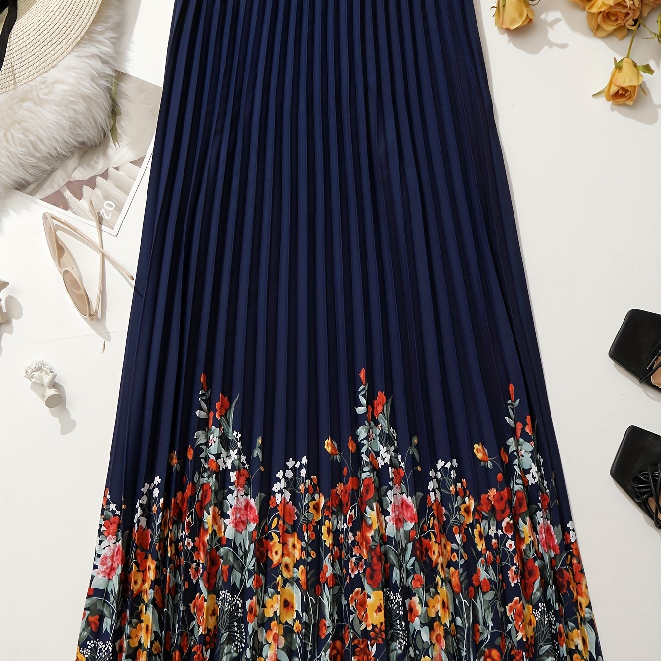 Plus Size Casual Skirt, Women's Plus Floral Print Slight Stretch Pleated Skirt