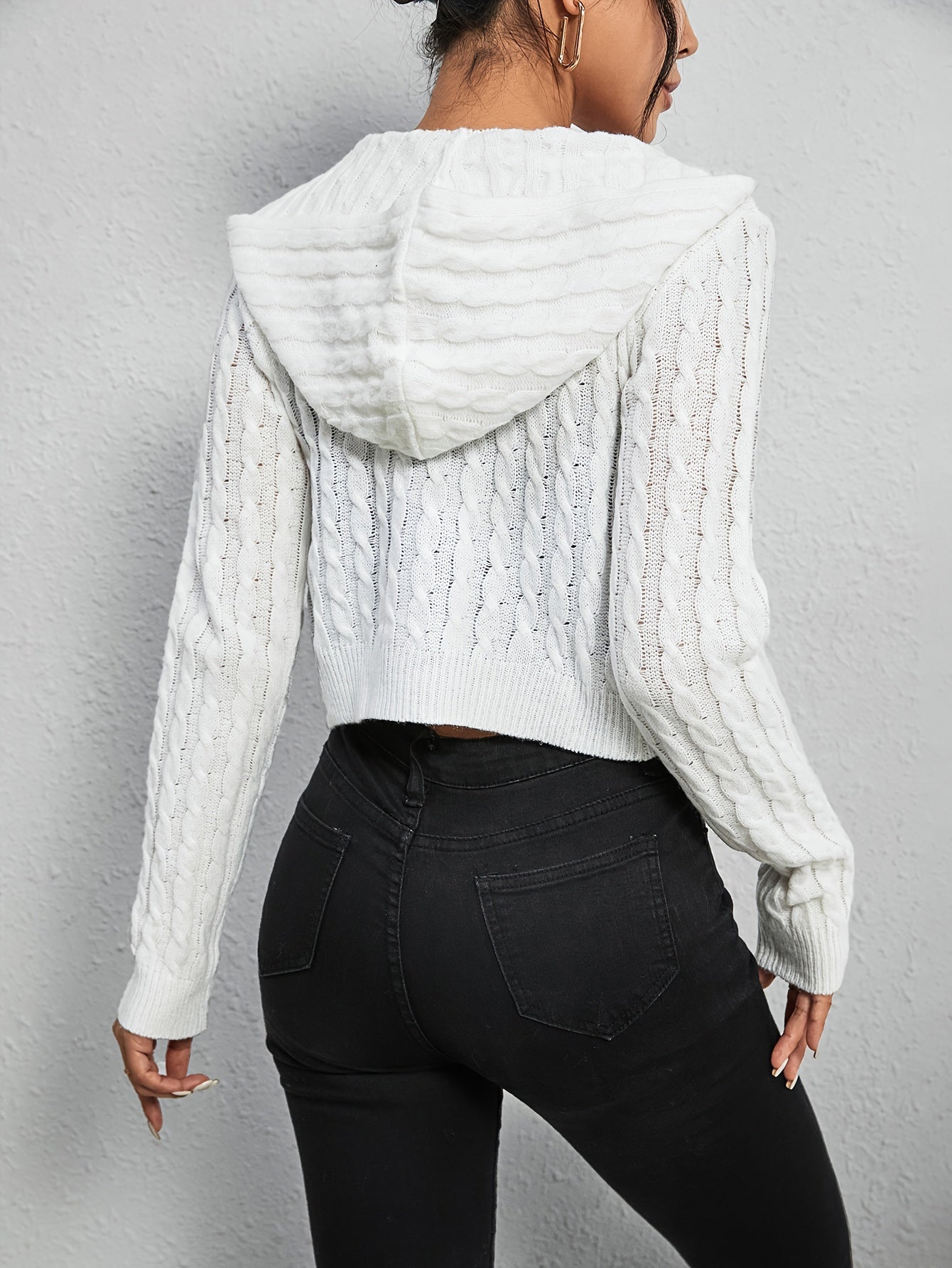 vlovelaw  vlovelaw  Zip Up Hooded Cable Knit Cardigan, Casual Long Sleeve Crop Sweater Jacket, Women's Clothing