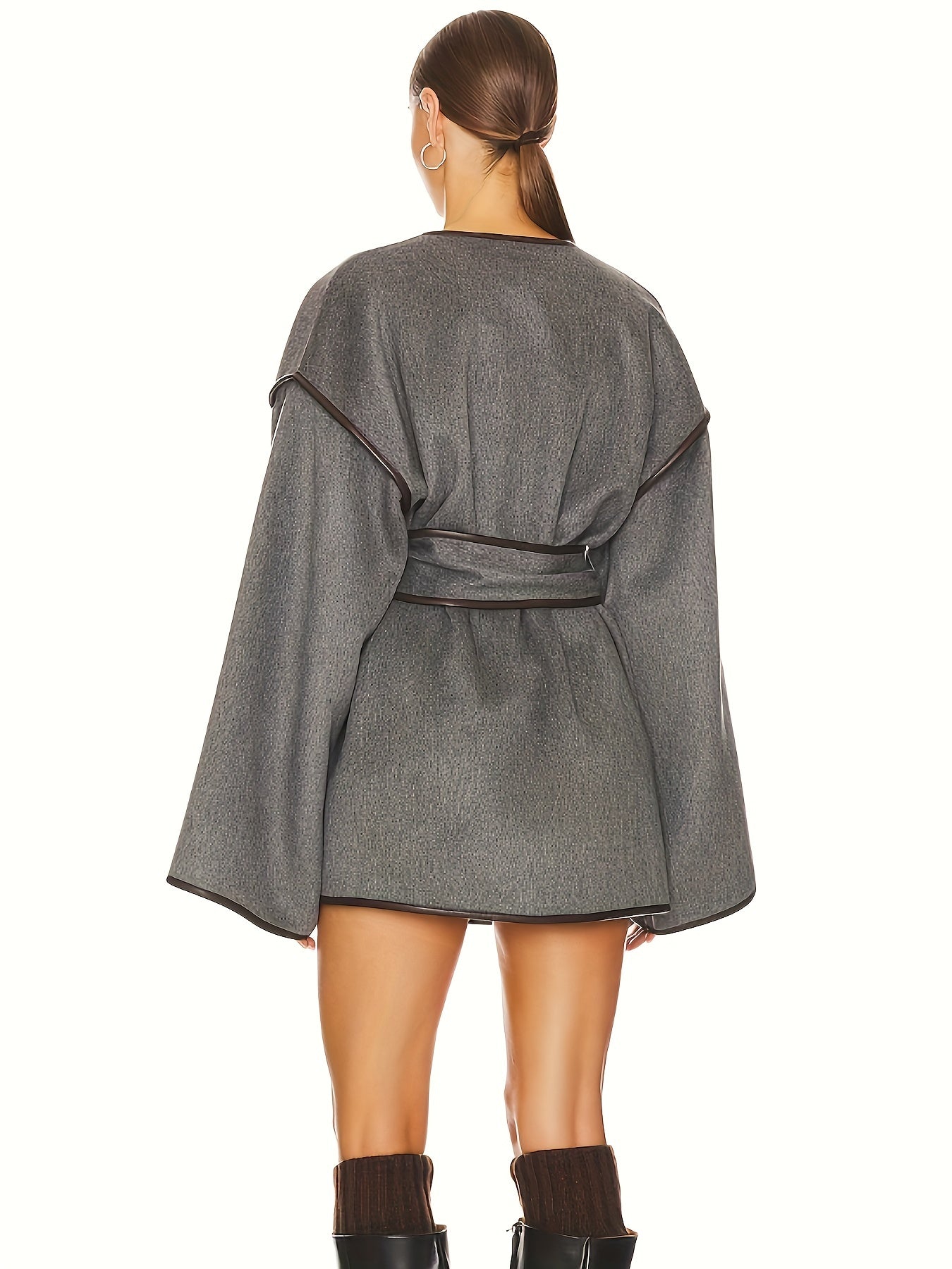 vlovelaw Contrast Trim Open Front Tied Coat, Stylish Long Sleeve Dual Pocket Jacket For Fall & Winter, Women's Clothing