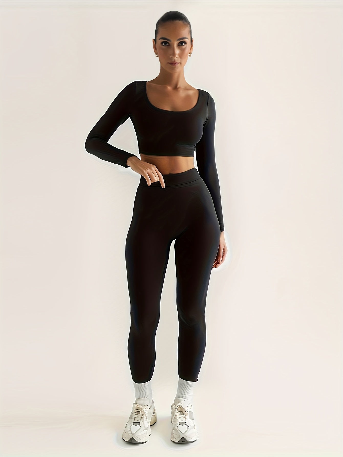 vlovelaw Solid Color Spring Casual Two-piece Set, U Neck Long Sleeve Crop Top & Skinny Pants Outfits, Women's Clothing