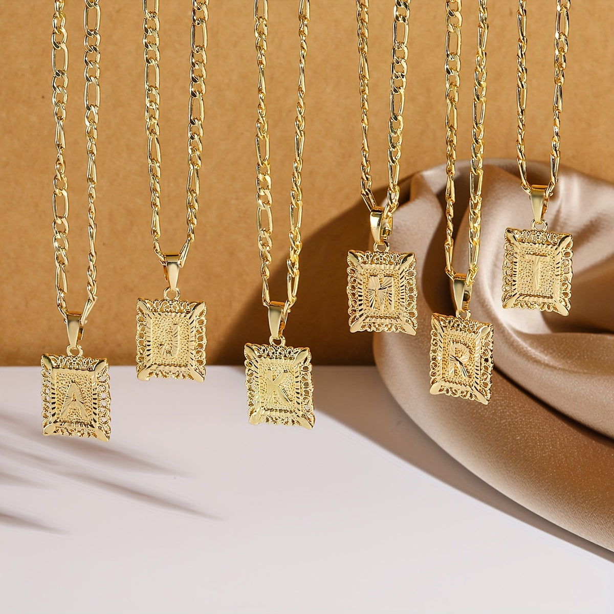 18K Gold Plated Square Monogram Pendant Necklace - Fashionable Personalized Alphabet Letter A-Z Figaro Chain Necklace for Men and Women - Copper Material, No Magnetic, No Mosaic, Plating-Free, Stylish Jewelry for Any Occasion