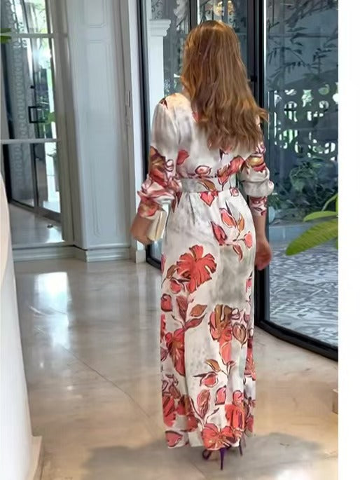 Fashion Bohemian Print Split Joint V Neck A Line Dresses