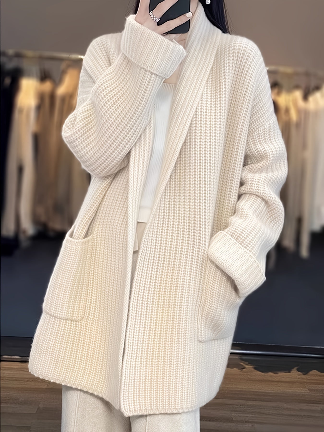 vlovelaw Solid Open Front Knit Cardigan, Casual Long Sleeve Drop Shoulder Sweater With Pocket, Women's Clothing