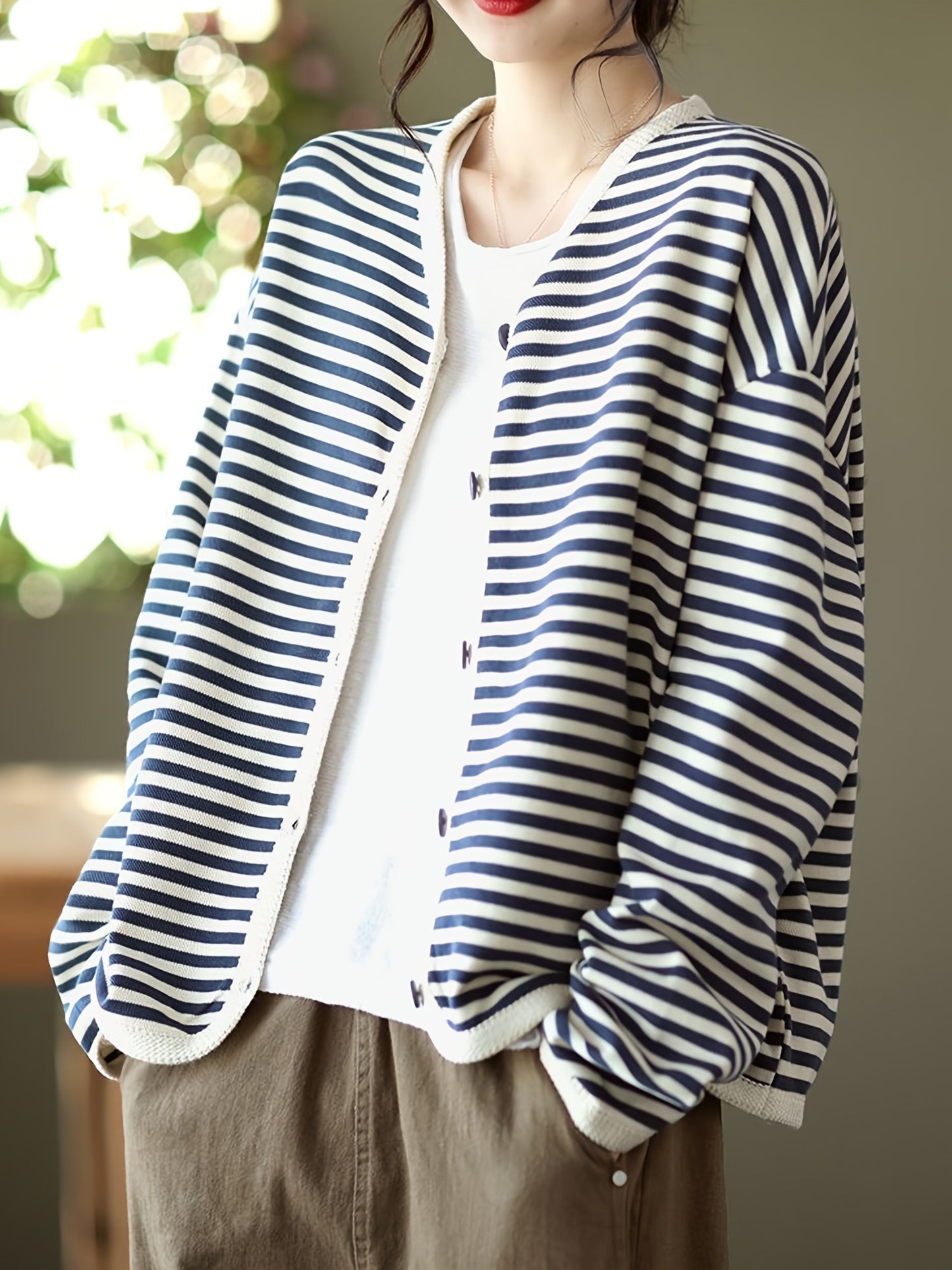 vlovelaw Striped Print Button Front Jacket, Casual V Neck Long Sleeve Outerwear For Spring & Summer, Women's Clothing
