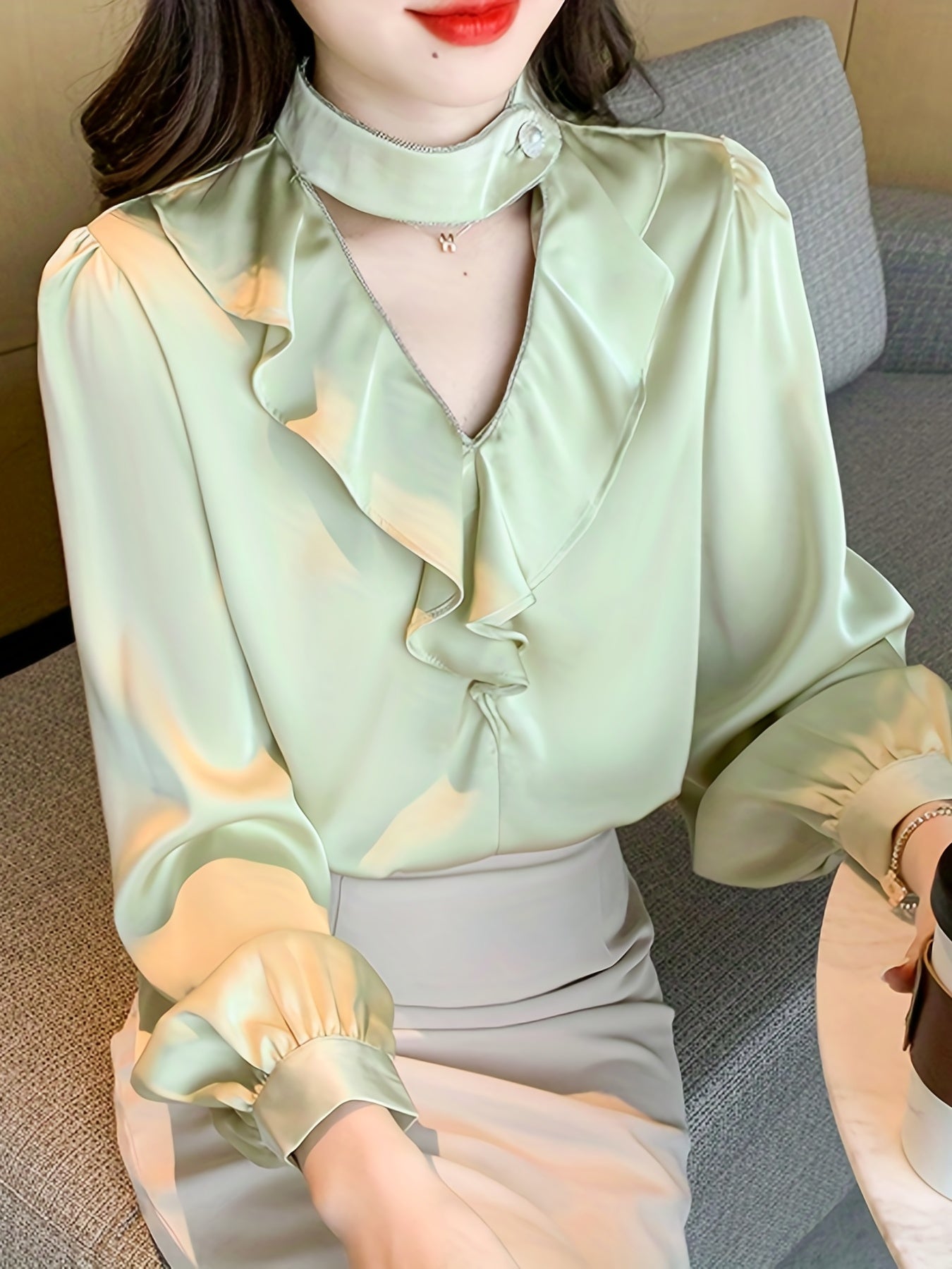 Solid Ruffle Choker Neck Blouse, Elegant Lantern Long Sleeve Blouse For Spring & Fall, Women's Clothing