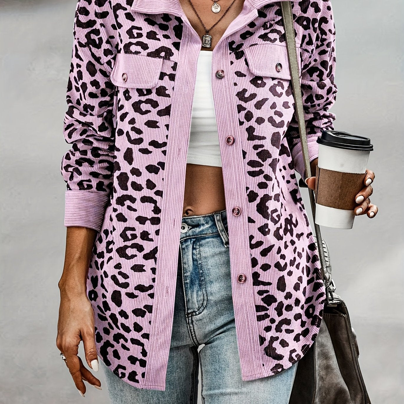 vlovelaw Leopard Print Shacket Jacket, Casual Button Front Turn Down Collar Long Sleeve Outerwear, Women's Clothing