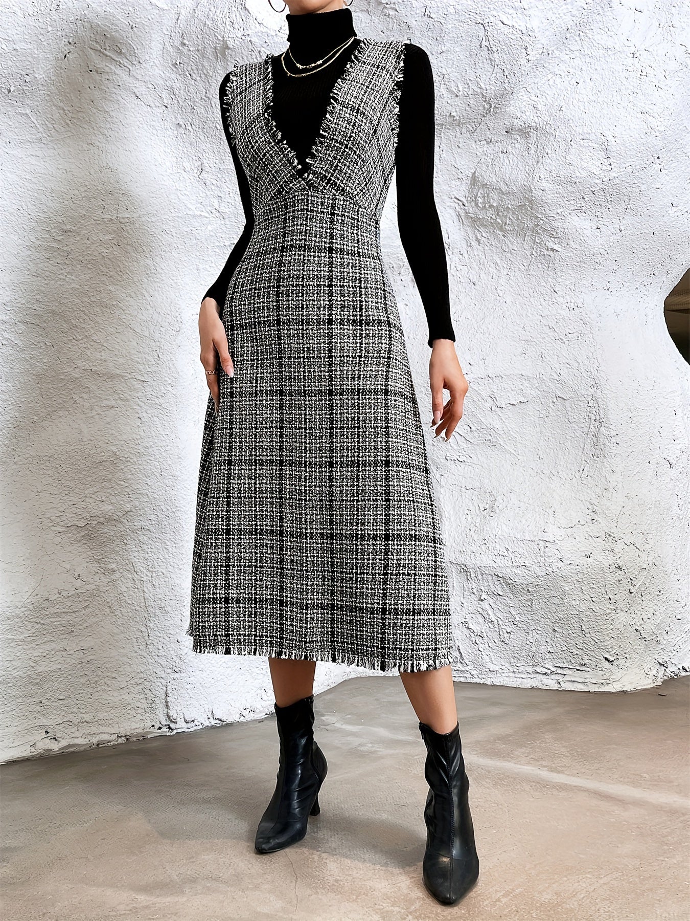 vlovelaw Plaid Print Raw Trim Overall Dress, Sleeveless V-neck Elegant Dress, Women's Clothing
