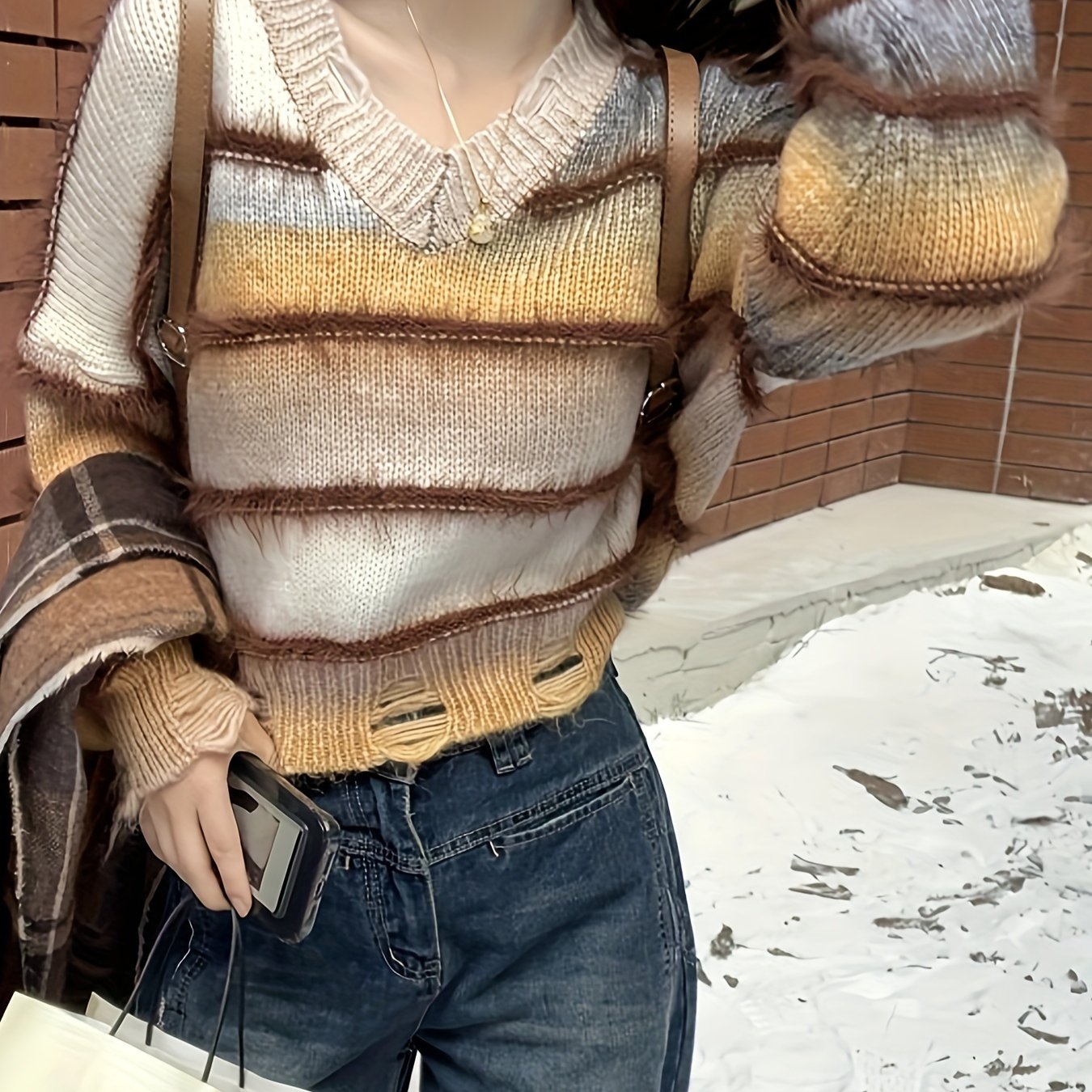 vlovelaw Striped V Neck Pullover Sweater, Casual Long Sleeve Ripped Sweater, Women's Clothing