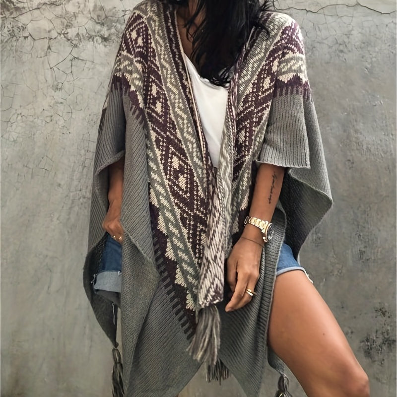 vlovelaw Bohemia Elegant Stretch Shawl Multi-color Striped Knitted Tassel Shawl Casual Warm Travel Outwear Wrap