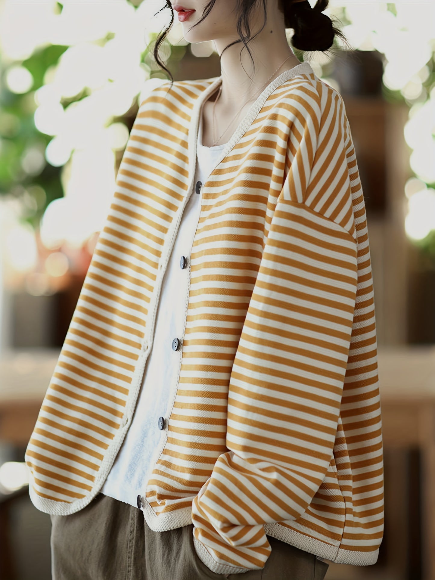 vlovelaw Striped Print Button Front Jacket, Casual V Neck Long Sleeve Outerwear For Spring & Summer, Women's Clothing