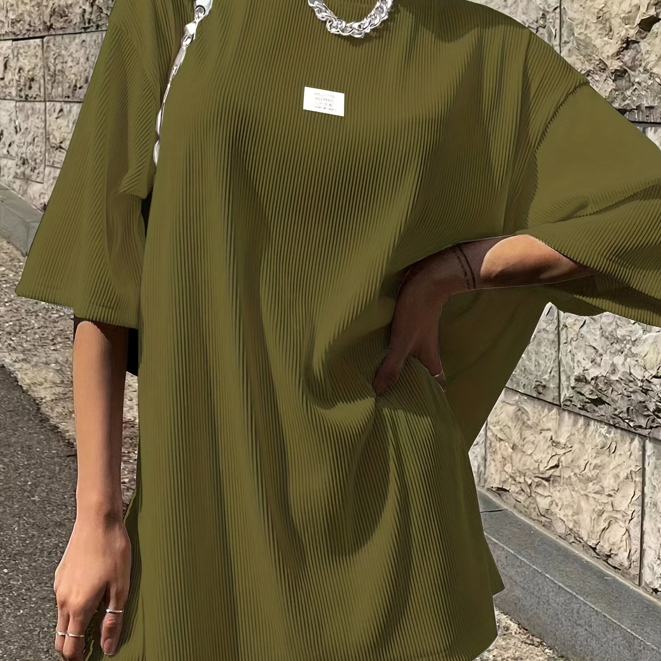 vlovelaw Oversized Drop Shoulder Ribbed T-Shirt, Casual Crew Neck Short Sleeve T-Shirt For Spring & Summer, Women's Clothing