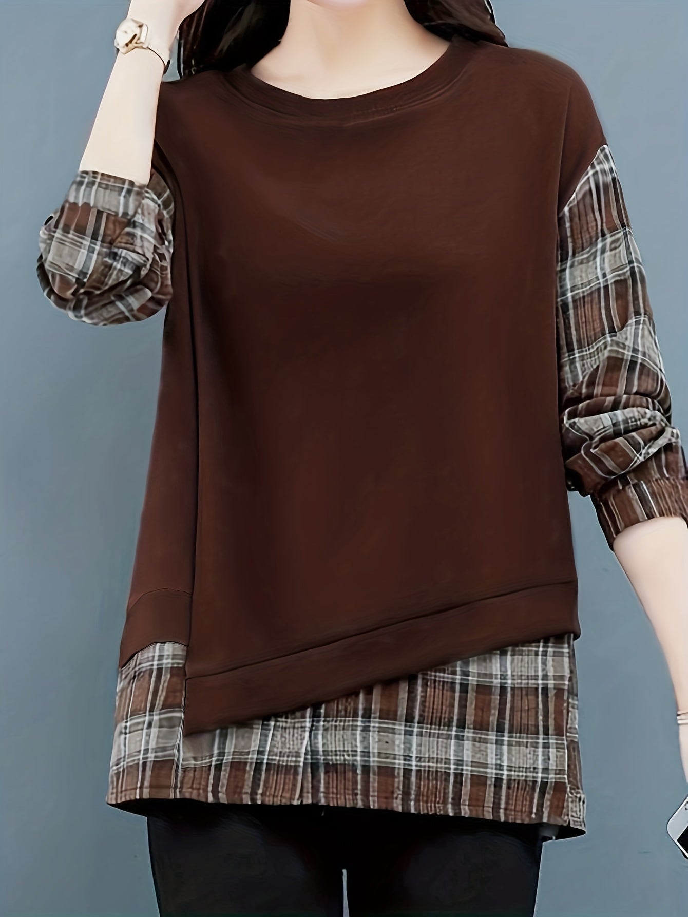 vlovelaw Long Sleeve Plaid Pullover, Crew Neck Casual Top For Spring & Fall, Women's Clothing