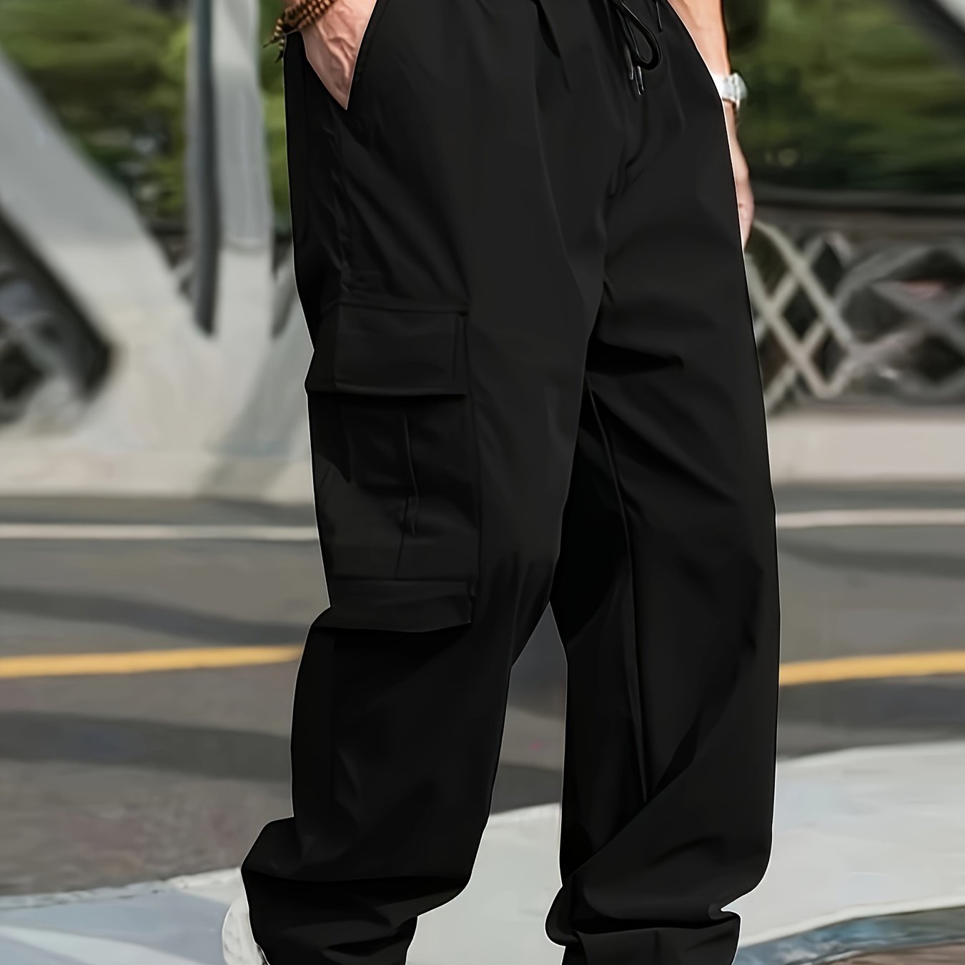 vlovelaw Trendy Solid Cargo Pants, Men's Multi Flap Pocket Trousers, Loose Casual Outdoor Pants, Men's Work Pants Outdoors Streetwear Hip Hop Style