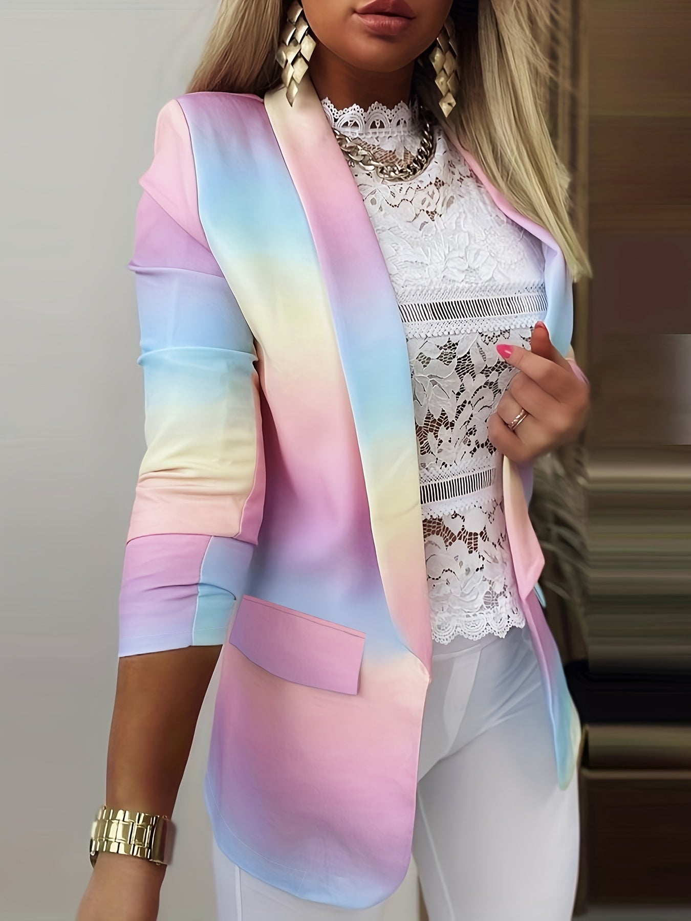 vlovelaw Gradient Pocket Open Front Blazer, Elegant Shawl Collar Long Sleeve Blazer, Women's Clothing