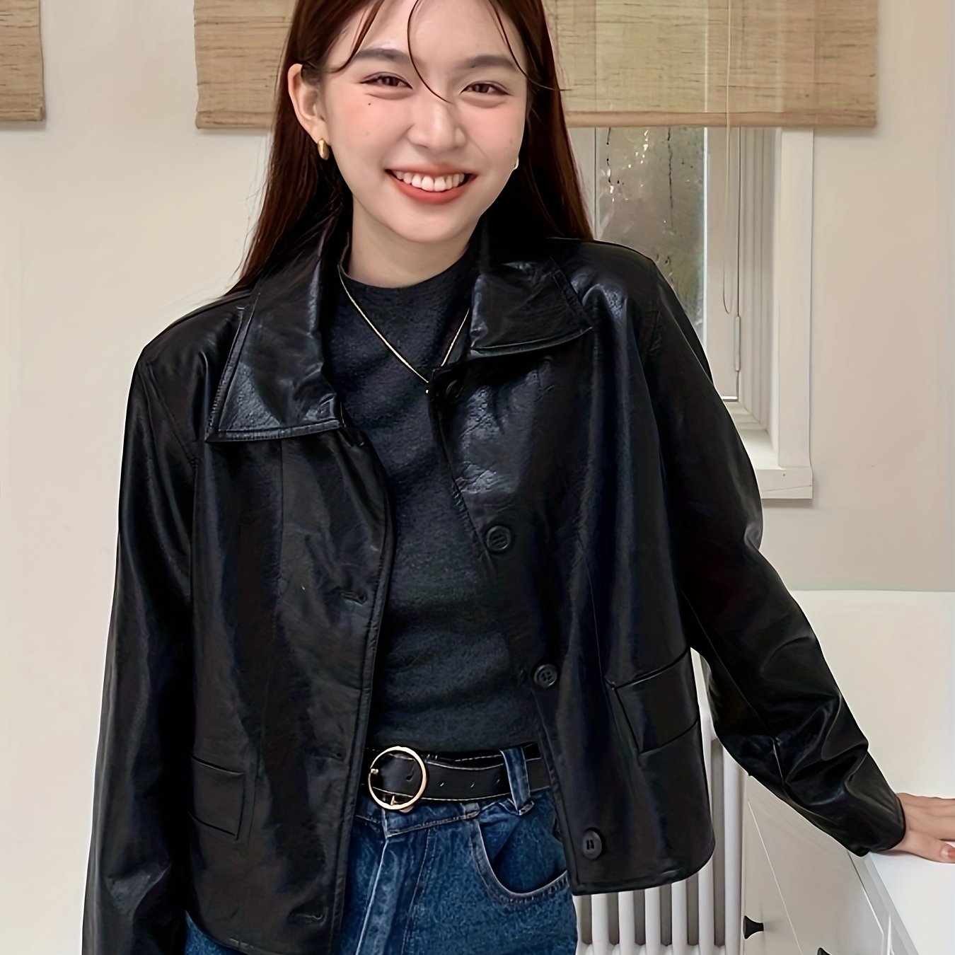 Solid Button Front Jacket, Casual Long Sleeve Versatile Outerwear, Women's Clothing