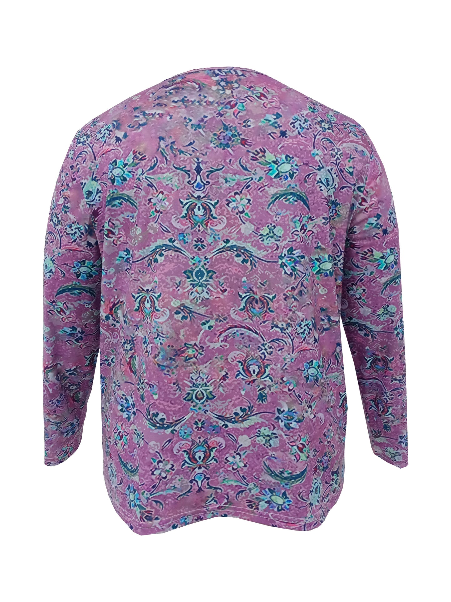 Plus Size Casual T-shirt, Women's Plus Floral Print Long Sleeve V Neck Slight Stretch T-shirt