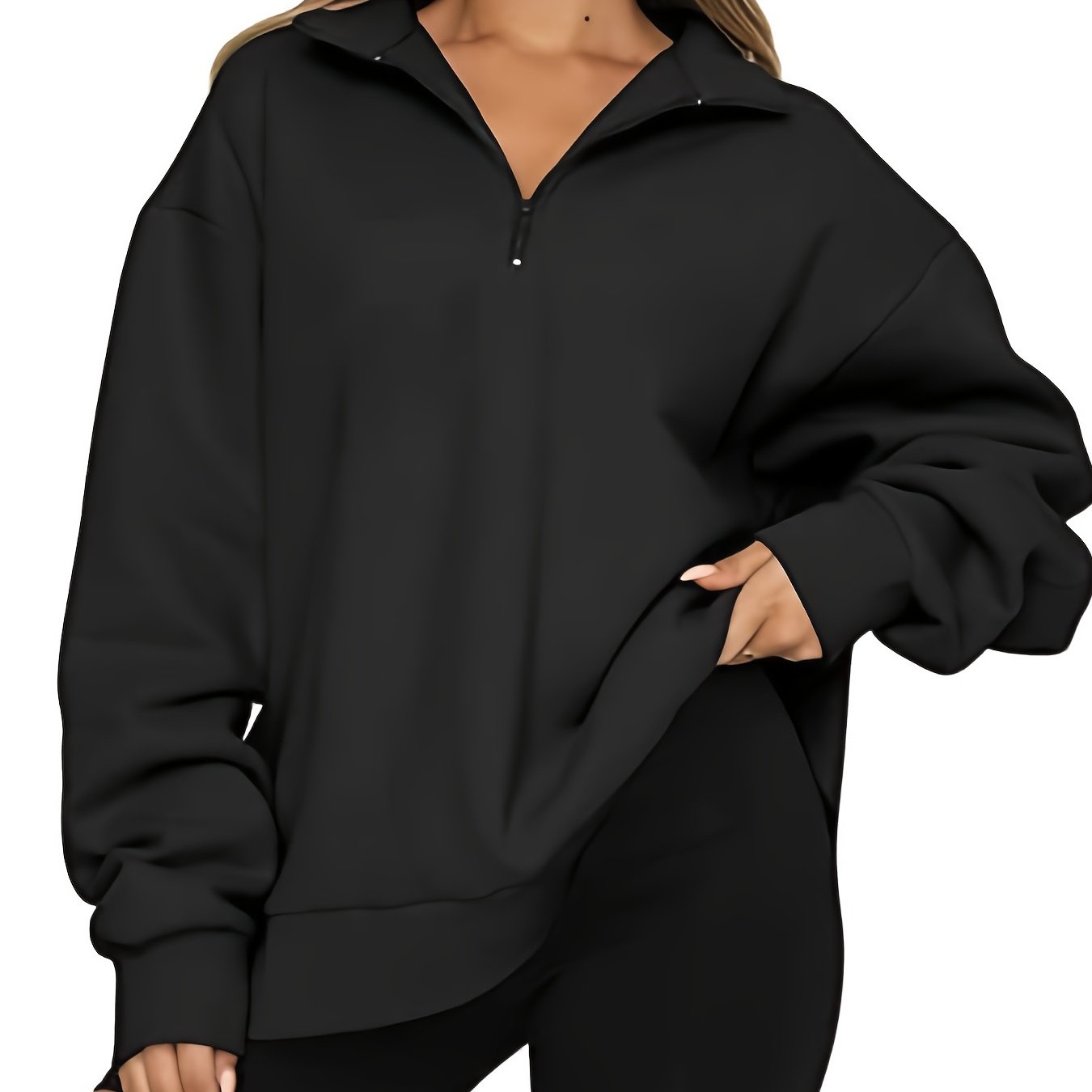 vlovelaw  Plus Size Casual Sweatshirt, Women's Plus Plain Long Sleeve Zipper High Neck Sweatshirt
