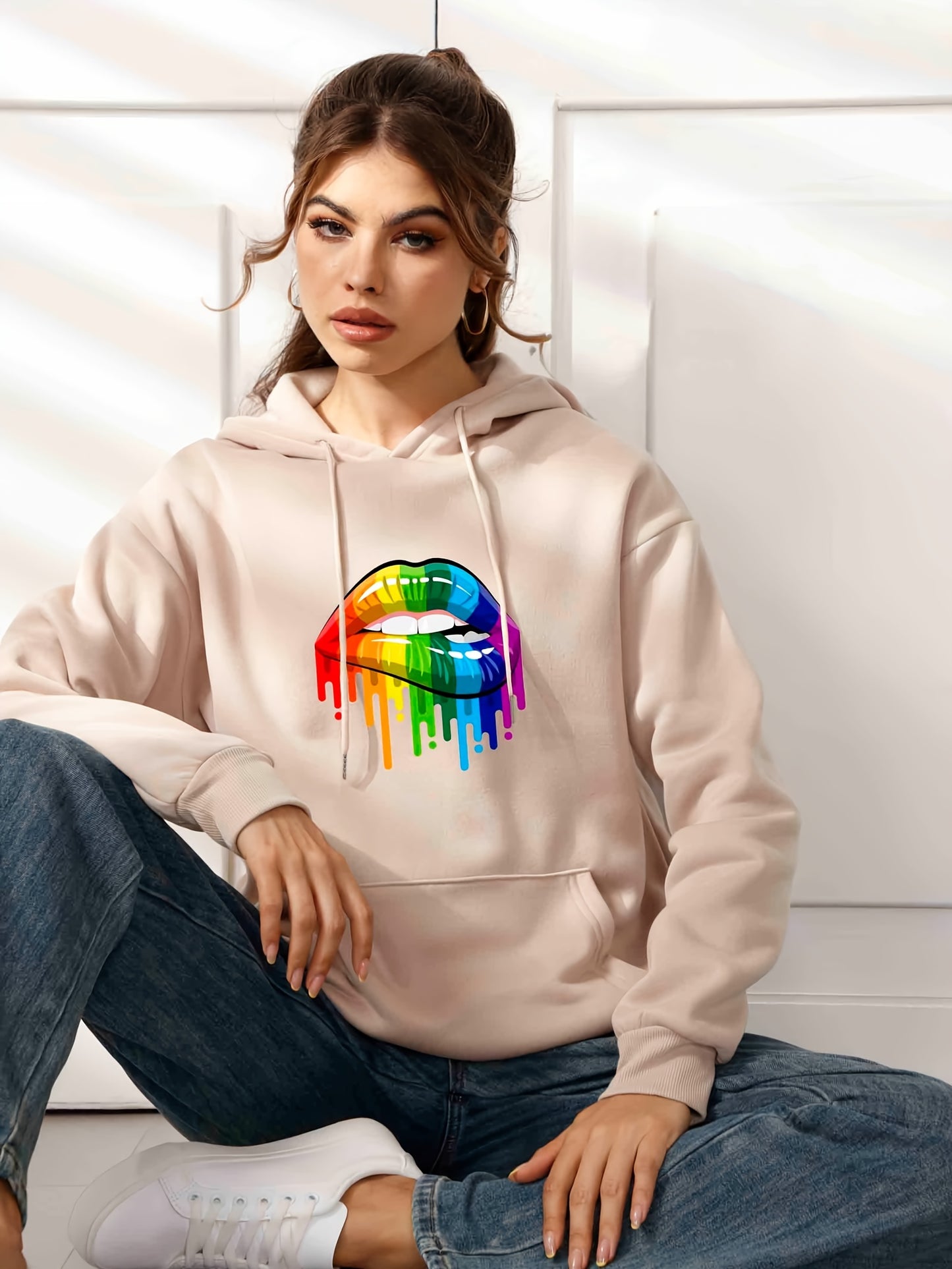 Rainbow Lip Print Casual Hoodies, Drawstring Long Sleeve Kangaroo Pocket Pullover Sweater, Women's Clothing