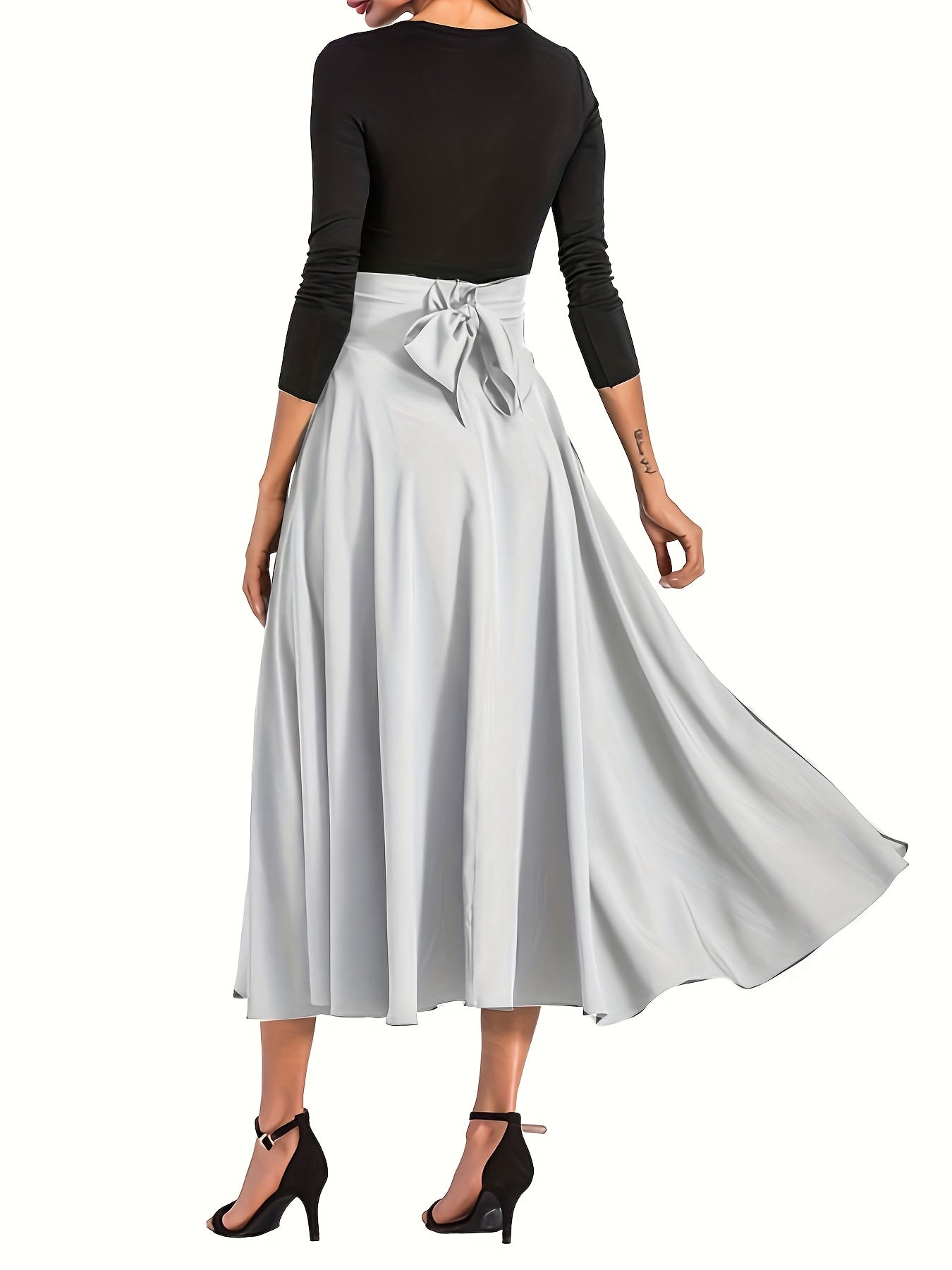 Plus Size Casual Skirt, Women's Plus Solid High Rise Belted Zipper Back A-line Skirt