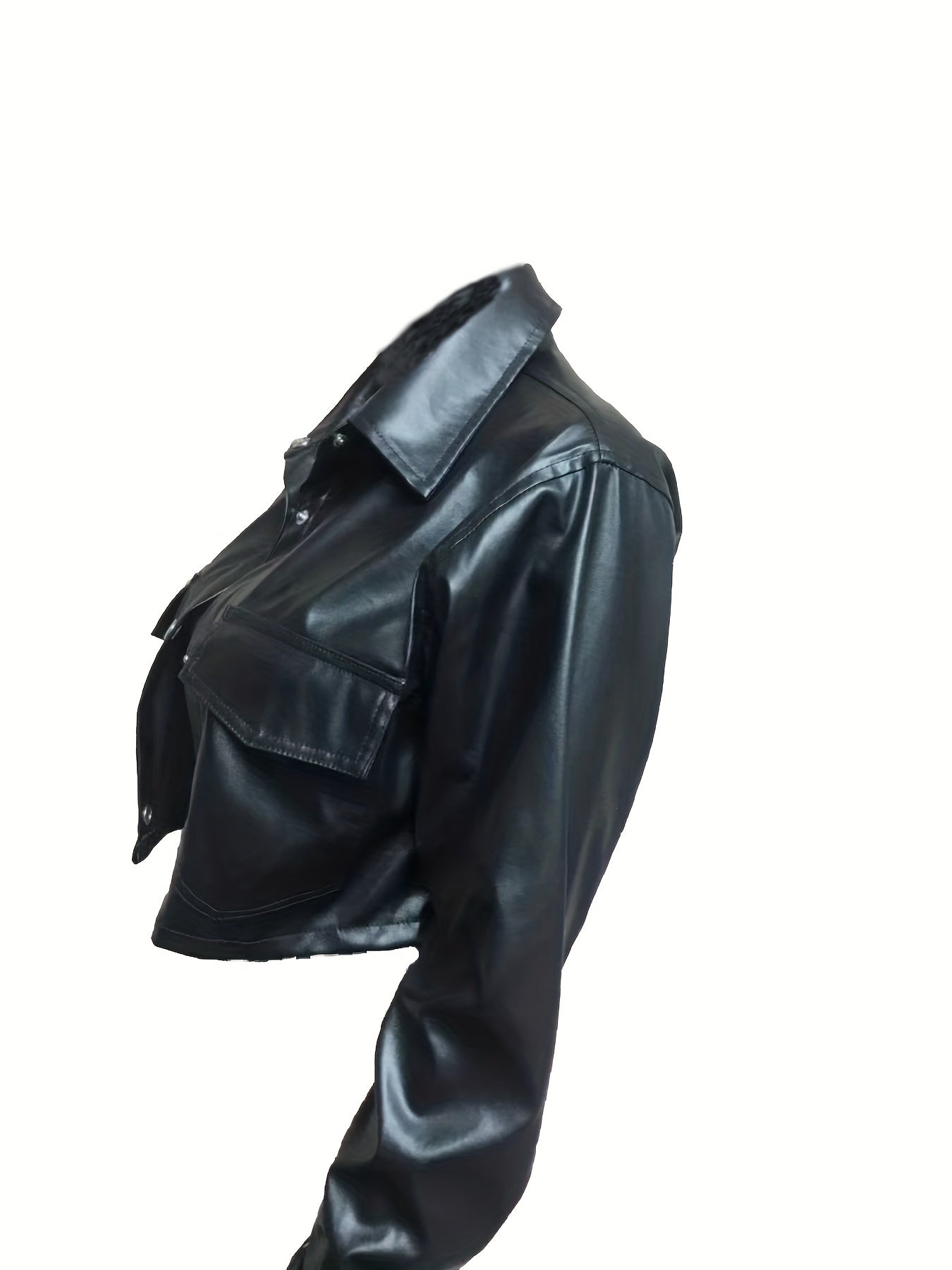 vlovelaw PU Leather Turndown Collar Jacket, Button Up Long Sleeve Pockets Outerwear For Spring & Fall, Women's Clothing