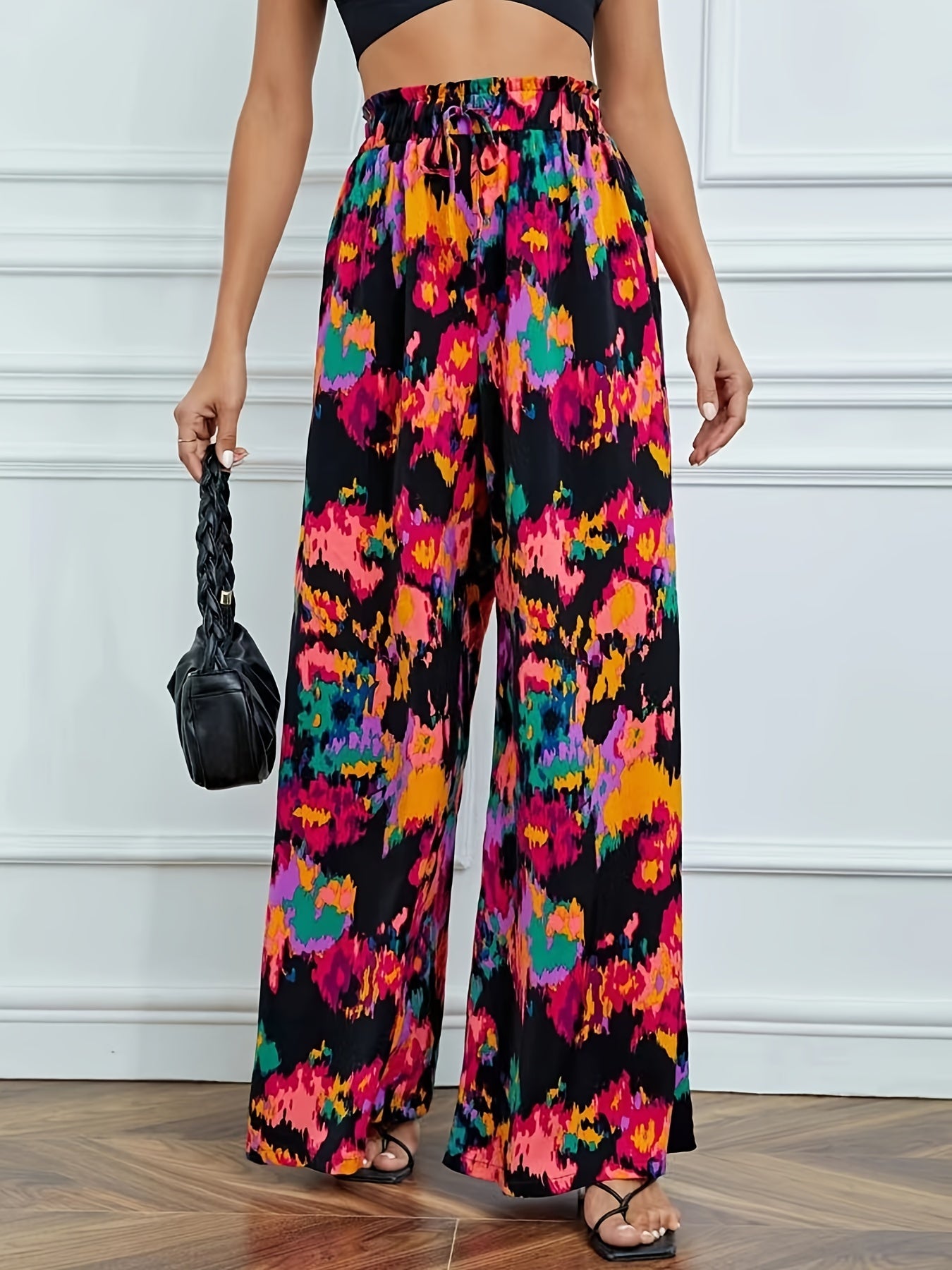 vlovelaw Allover Print Wide Leg Ants, Elegant Paper Bag Waist Long Length Pants, Women's Clothing