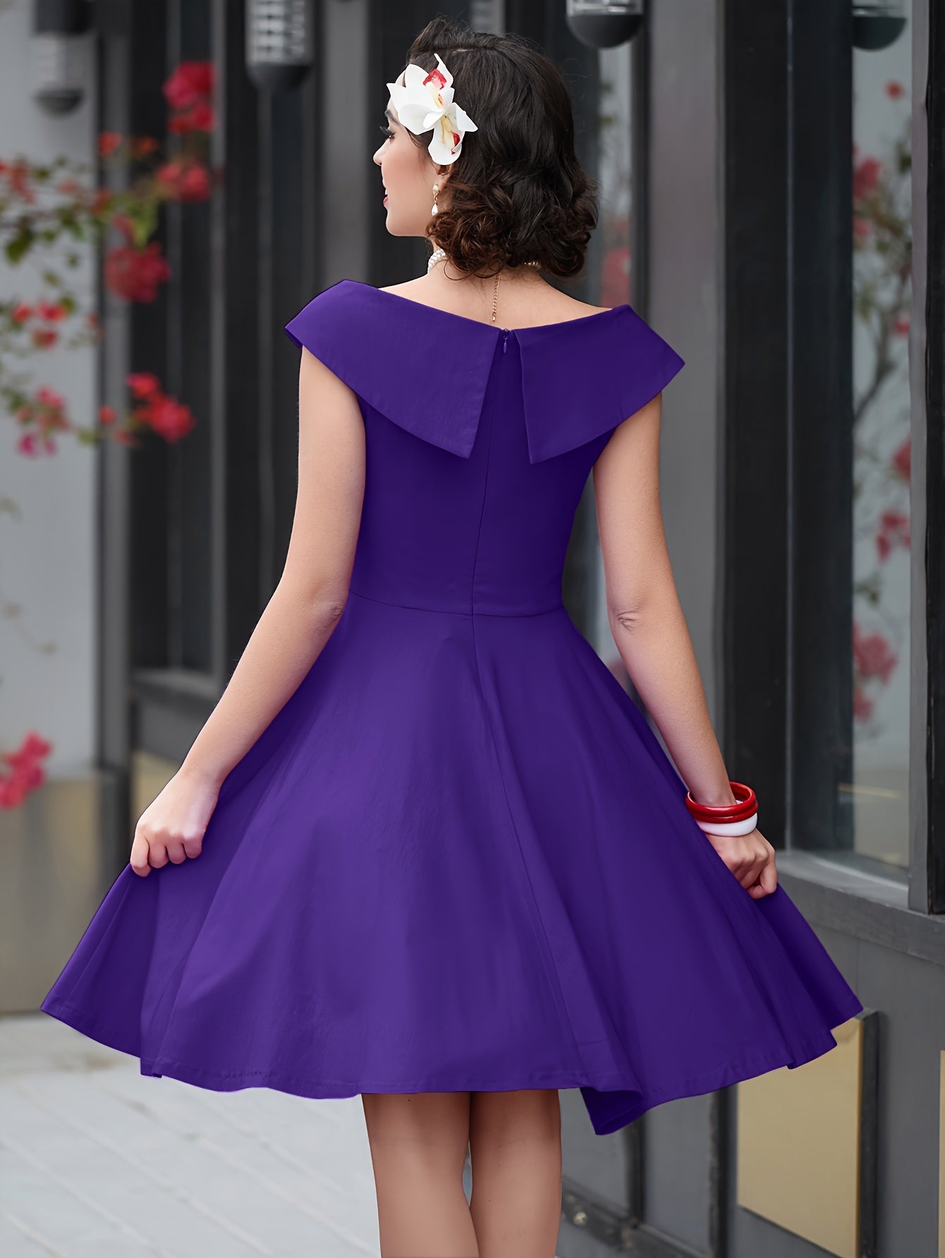 vlovelaw Solid V Neck Dress, Vintage Short Sleeve A-line Dress For Spring & Summer, Women's Clothing