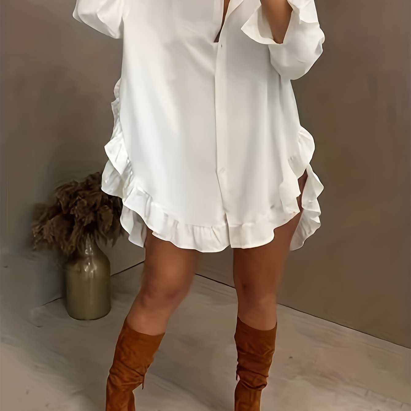 Ruffle Hem Button Front Blouse, Stylish Long Sleeve Blouse For Spring & Fall, Women's Clothing