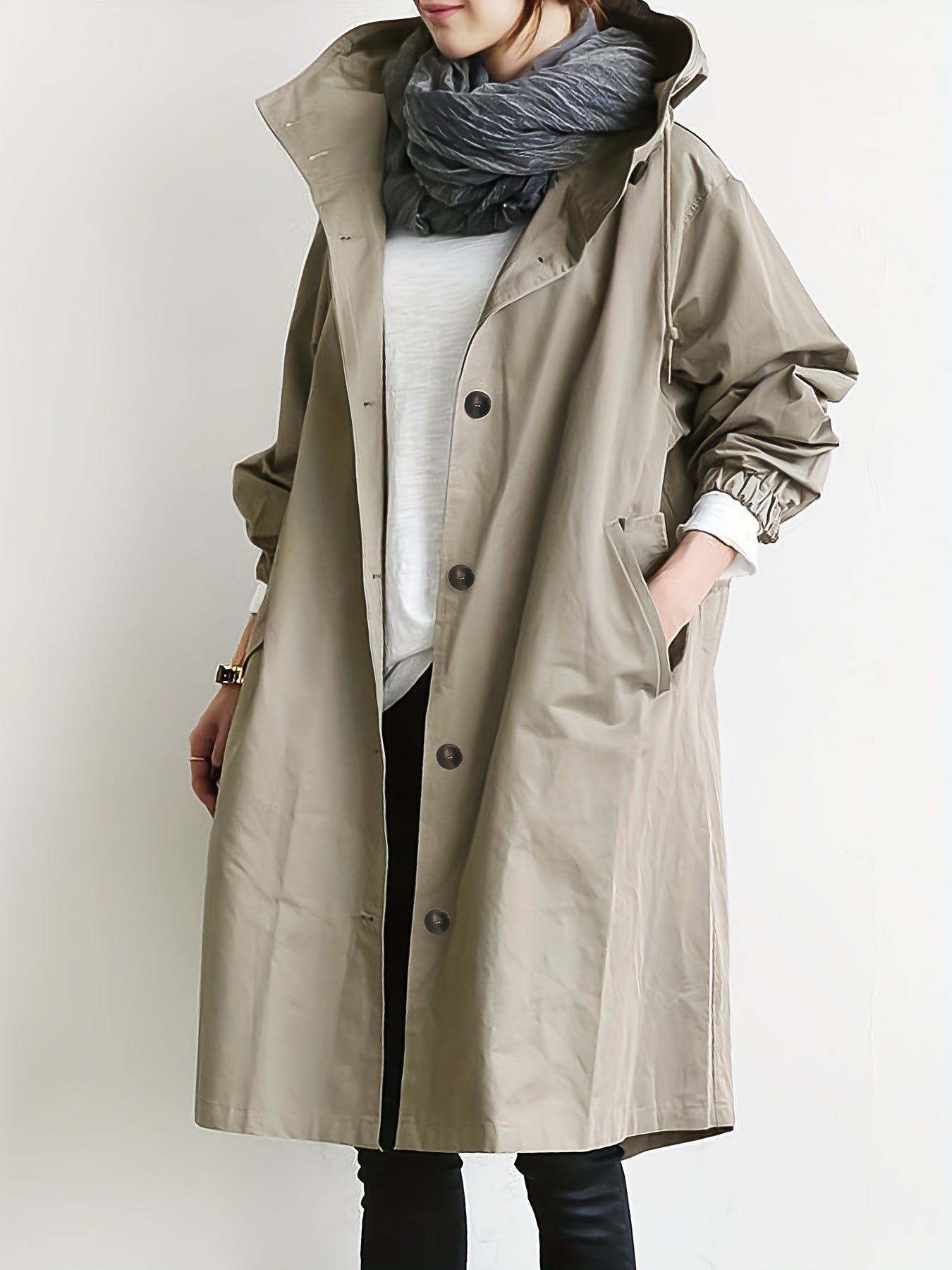 vlovelaw Drawstring Hooded Trench Coat, Casual Solid Long Sleeve Outerwear, Women's Clothing