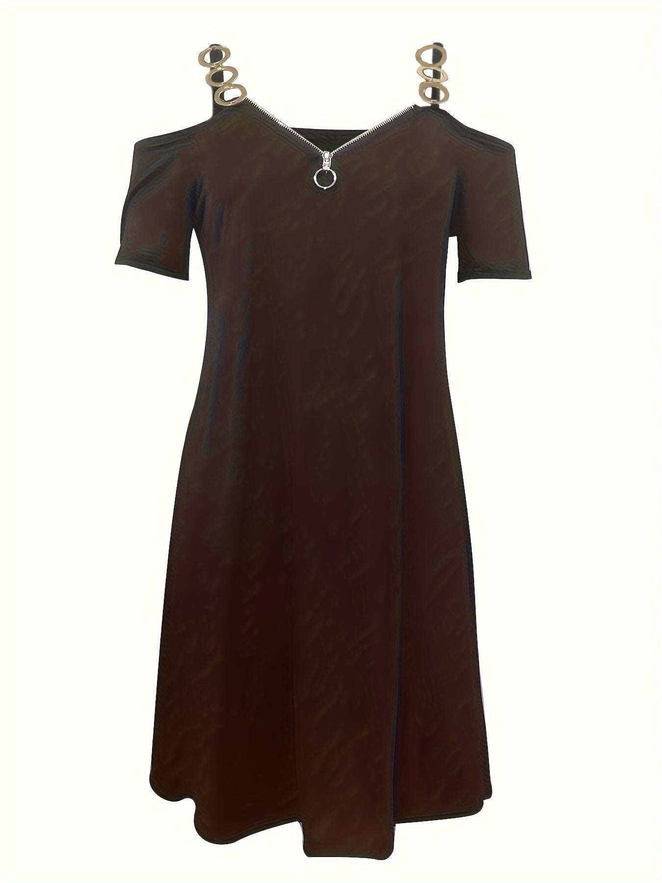 vlovelaw Plus Size basic Dress, Women's Plus Solid Chain Decor Cold Shoulder Short Sleeve Zipper V Neck Dress