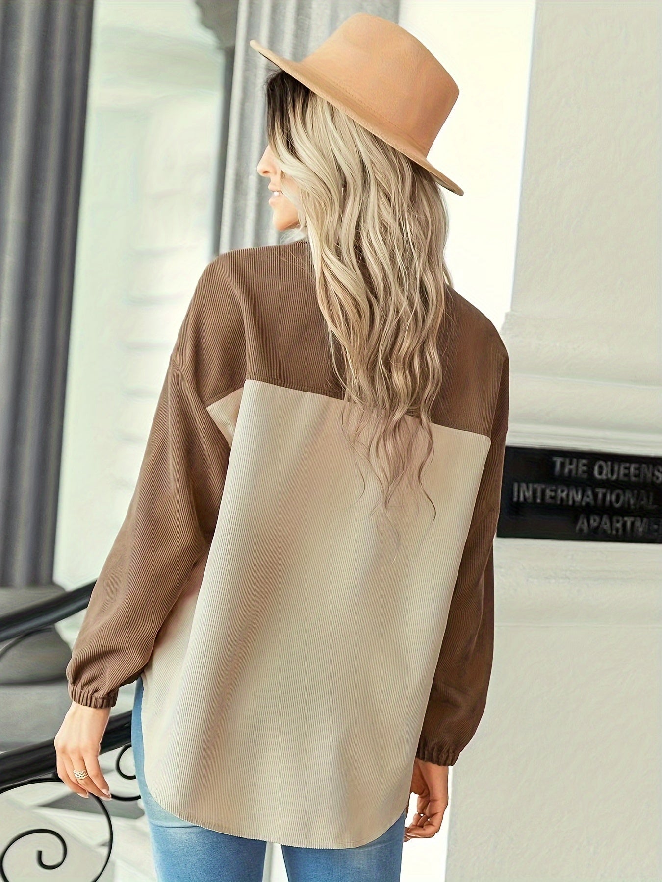 Color Block Button Front Shirt, Casual Long Sleeve Lapel Shirt, Women's Clothing