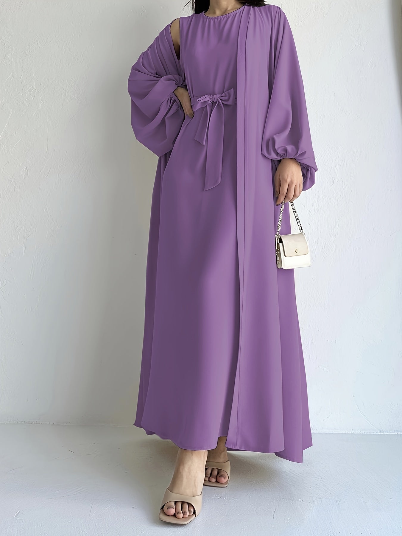 vlovelaw Ramadan Elegant Solid Two-piece Set, Open Front Coverup & Tie Waist Abayas Outfits, Women's Clothing
